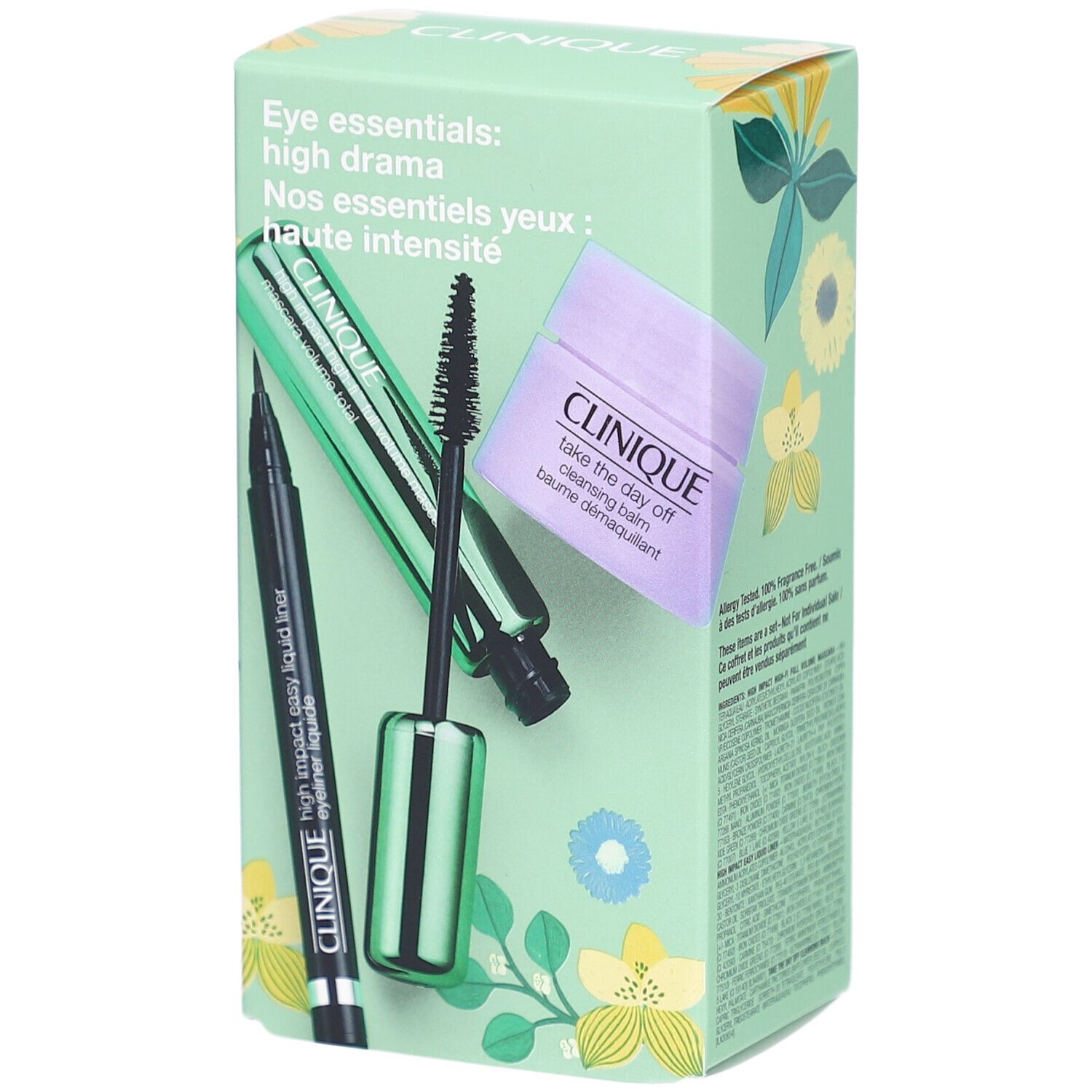 Geschenkset mit Eyeliner, Mascara und Augen-Make-up-Entferner. Verpackung mit floralem Muster und Produktnamen.