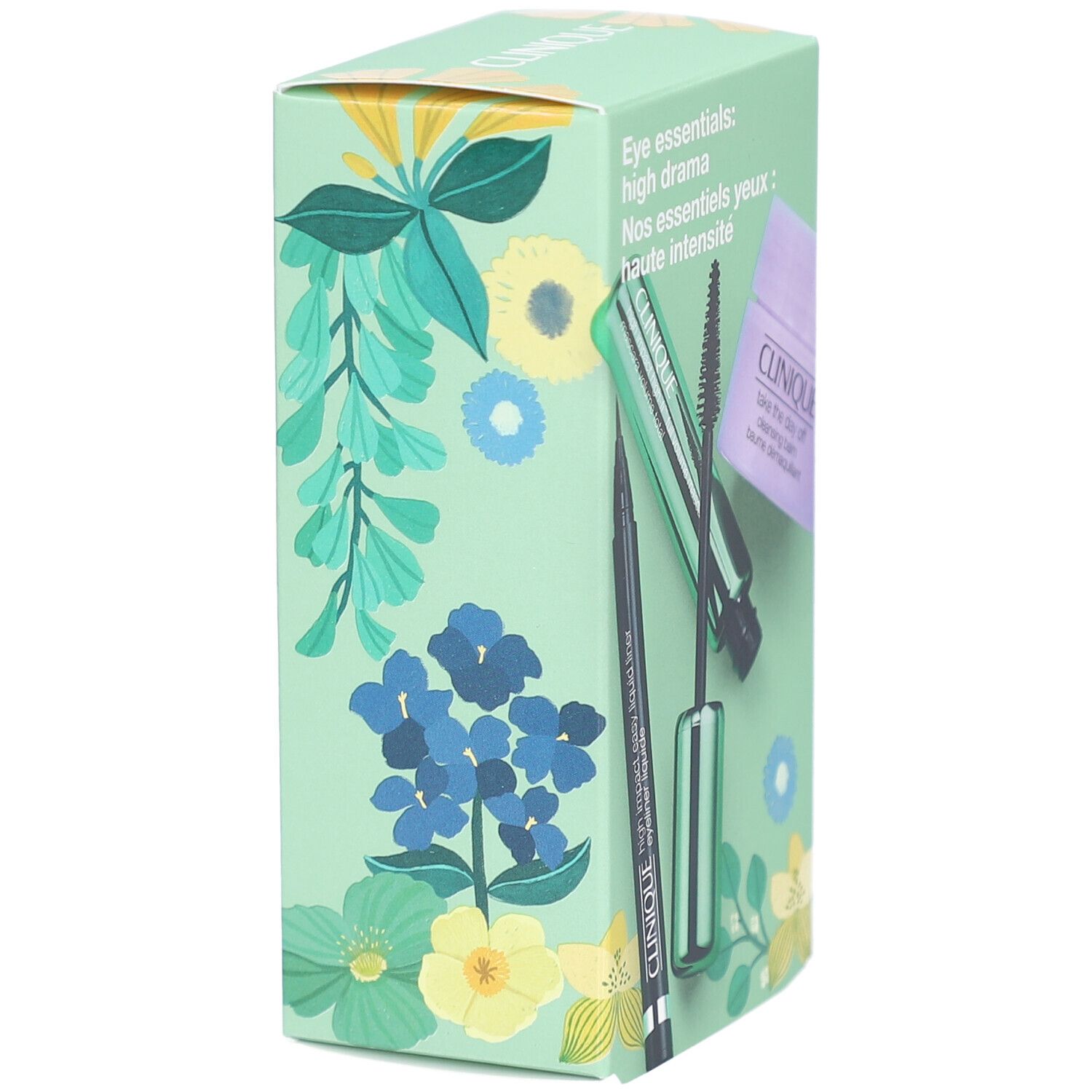 Seitenansicht der Geschenkbox mit floralem Muster. Enthält Eyeliner, Mascara und Augen-Make-up-Entferner.