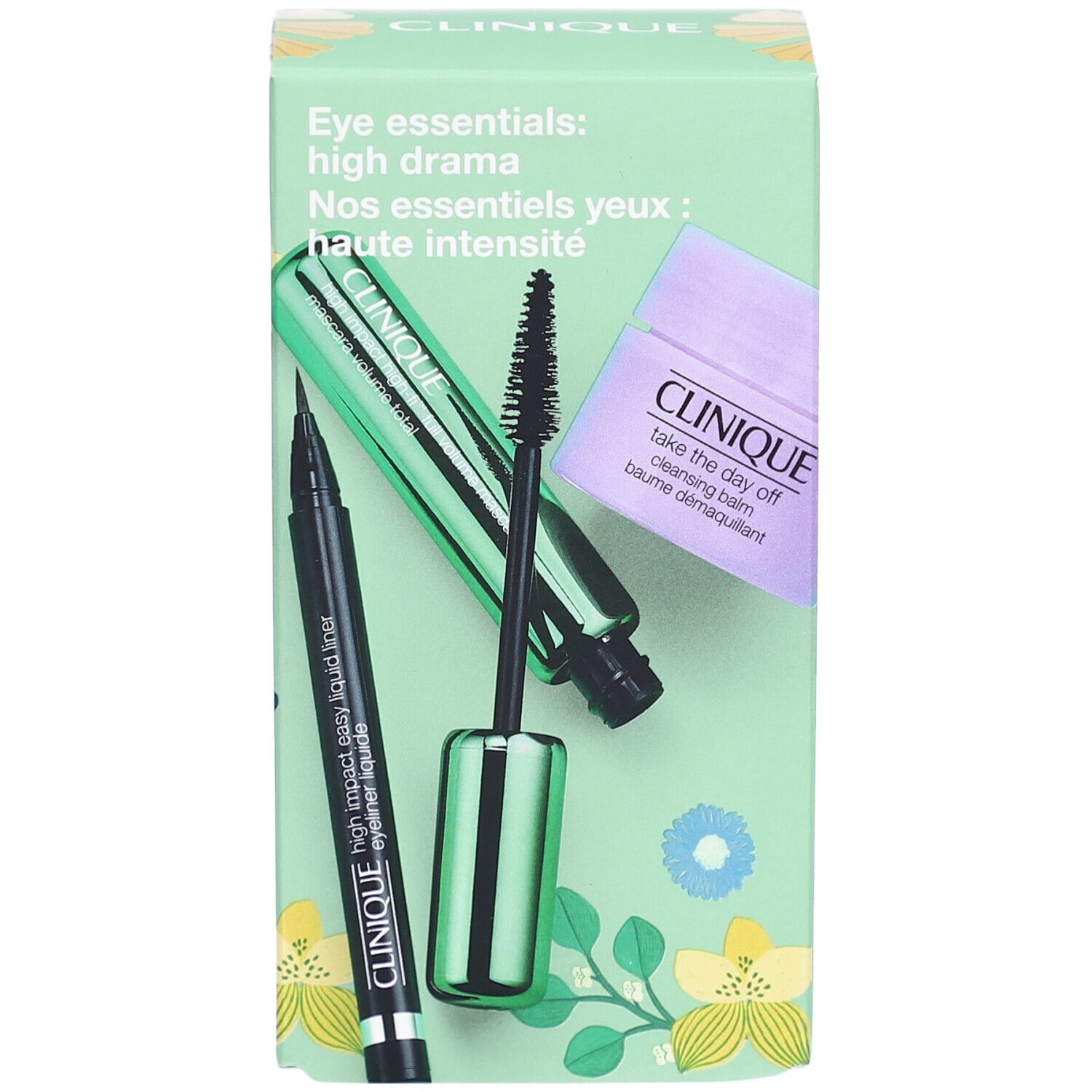 Geschenkset mit Eyeliner, Mascara und Augen-Make-up-Entferner. Verpackung mit floralem Muster und Produktnamen.
