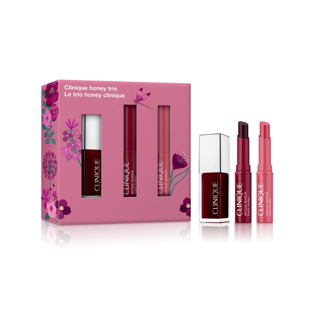 Clinique Honey Trio Set mit drei Lippenprodukten in rosa Verpackung mit Blumenmuster.