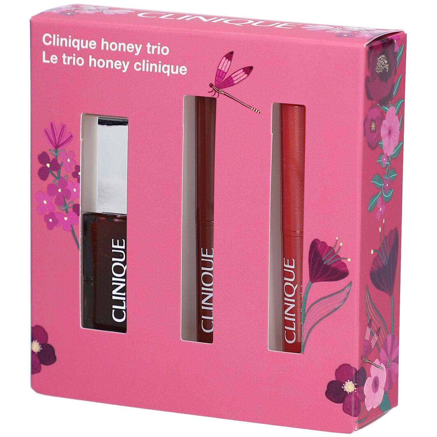 Rosa Geschenkbox mit drei Kosmetikprodukten. Die Box zeigt den Schriftzug "Clinique honey trio". Produkte: Lipgloss und zwei Lippenstifte.