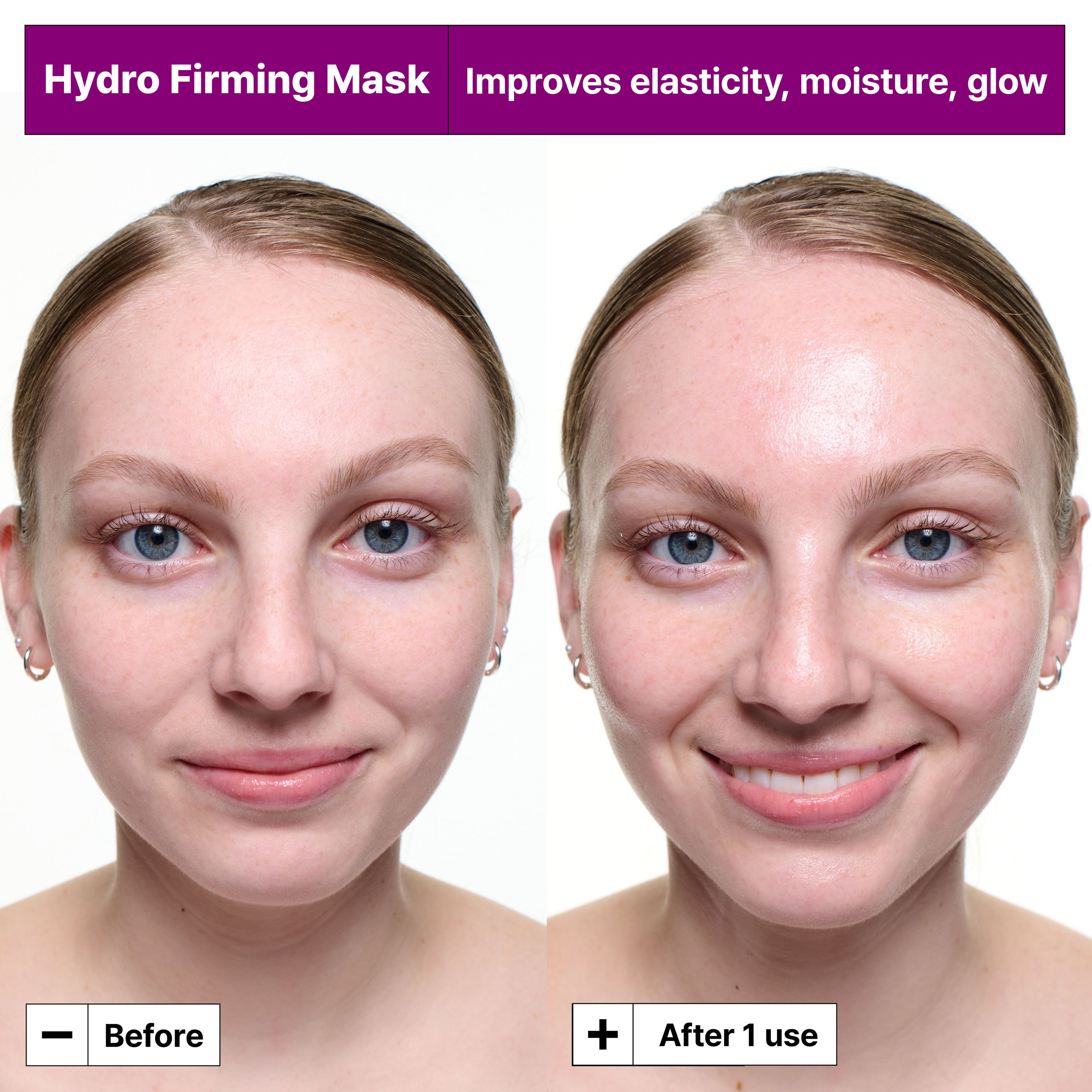 Gesichter vor und nach der Anwendung. Text: Hydro Firming Mask. Verbessert Elastizität, Feuchtigkeit, Glanz.