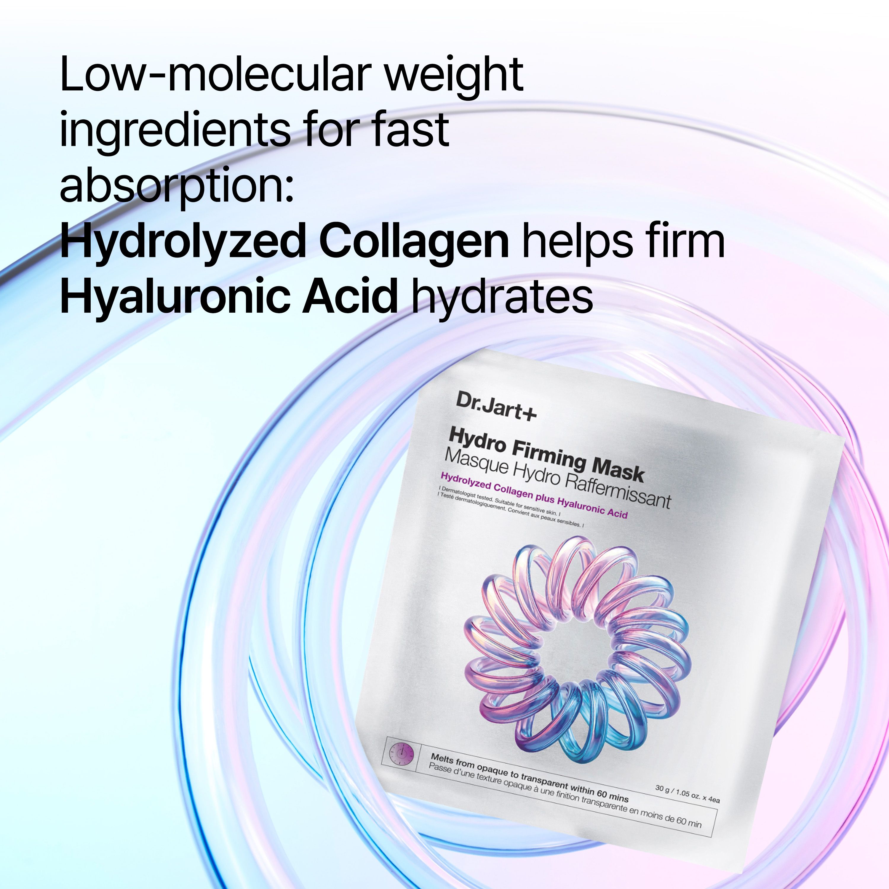 Verpackung mit Maske und Text: Hydro Firming Mask. Hydrolyzed Collagen plus Hyaluronic Acid.