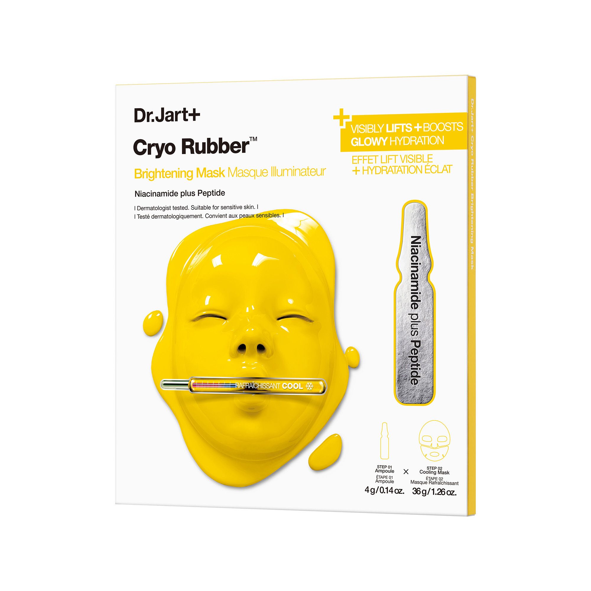 Emballage Dr.Jart+ Cryo Rubber™ Brightening Mask. Masque et ampoule inclus. Masque jaune avec traits du visage.
