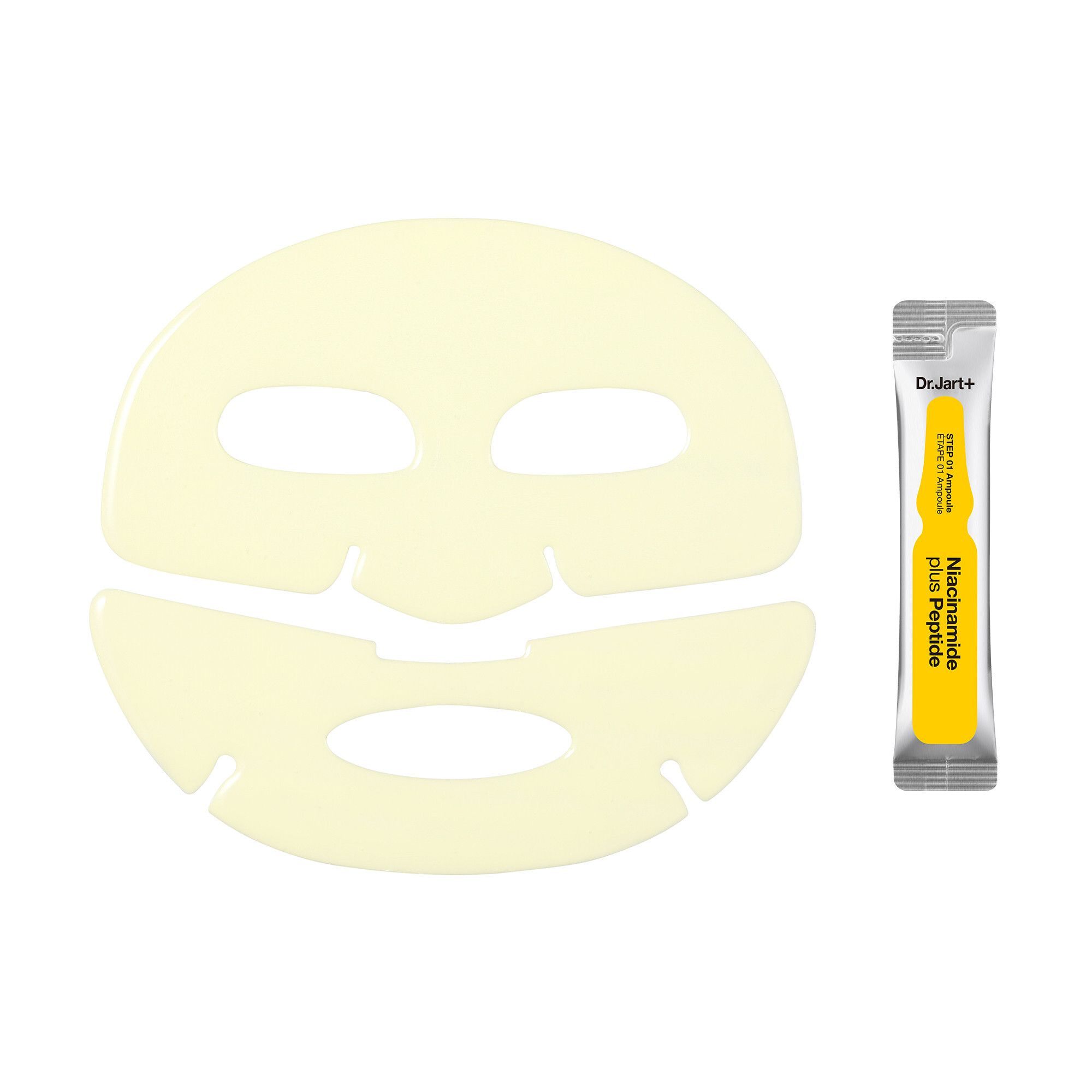 Dr.Jart+ Cryo Rubber™ Brightening Mask. Feuille de masque jaune avec traits du visage et une ampoule.