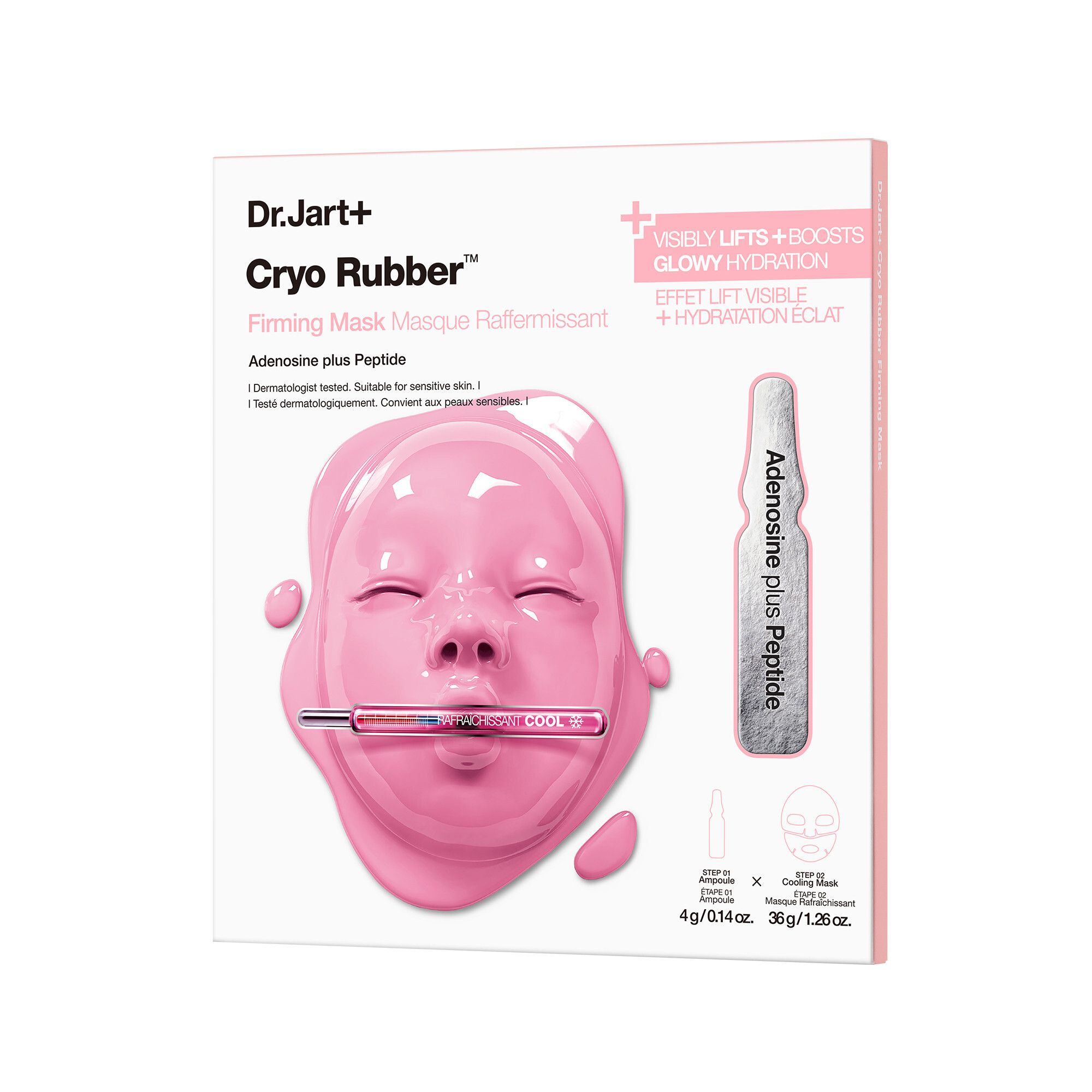 Verpackung von Dr.Jart+ Cryo Rubber Firming Mask. Rosa Maske und Ampulle. Text: Adenosine plus Peptide.
