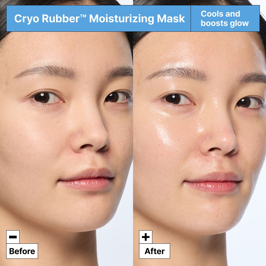 Vorher-Nachher-Vergleich. Gesicht vor und nach der Anwendung. Text: « Cryo Rubber™ Moisturizing Mask ».