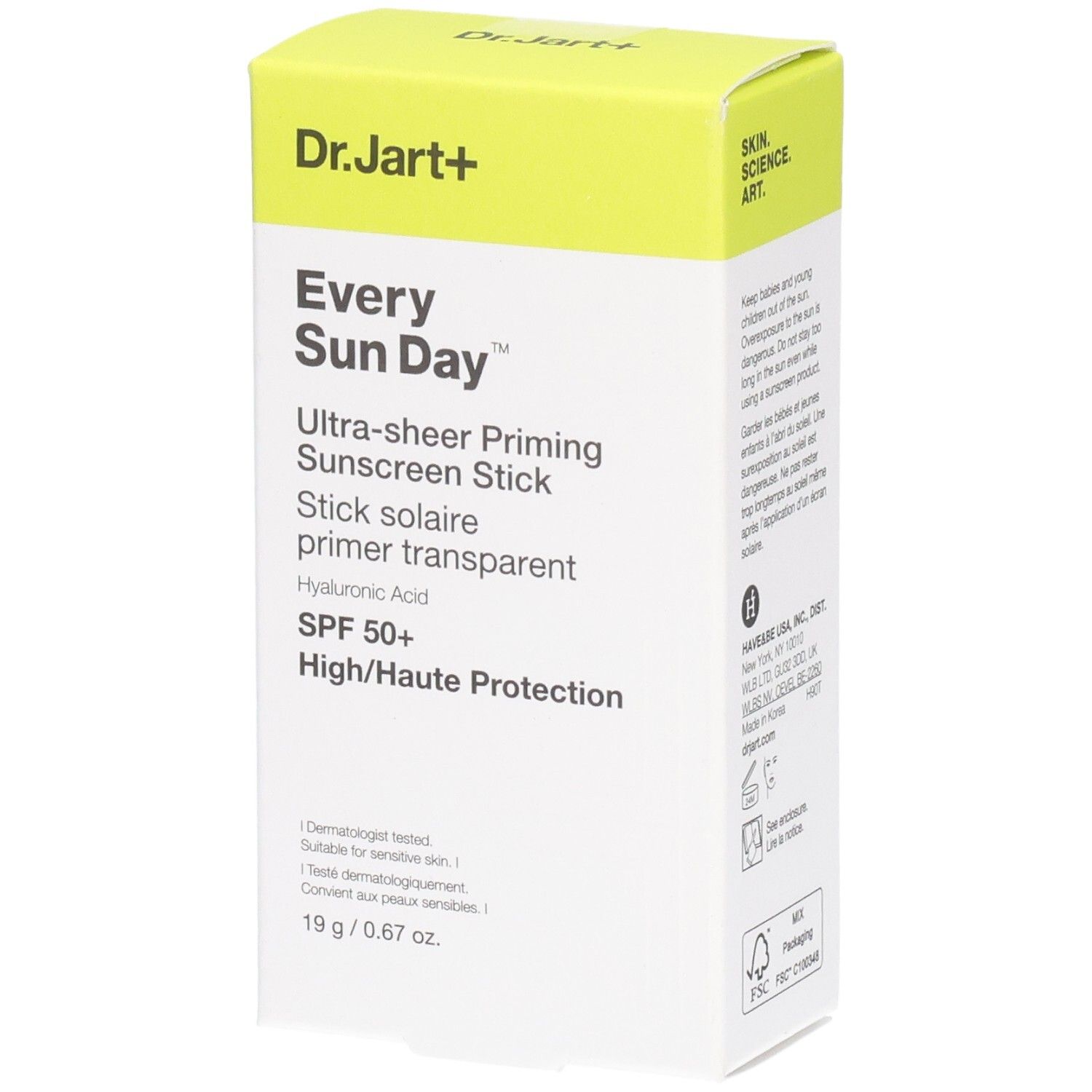 Verpackung des Sonnenschutz-Sticks. Aufschrift: Dr. Jart+, Every Sun Day, SPF 50+, 19 g.