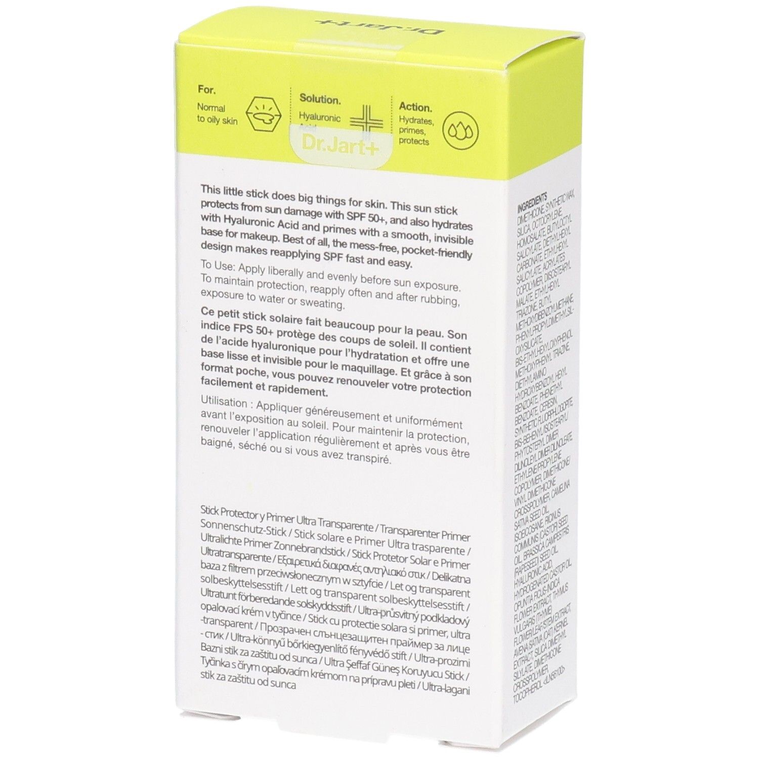 Rückseite der Verpackung des Sonnenschutz-Sticks. Text über Anwendung und Inhaltsstoffe.