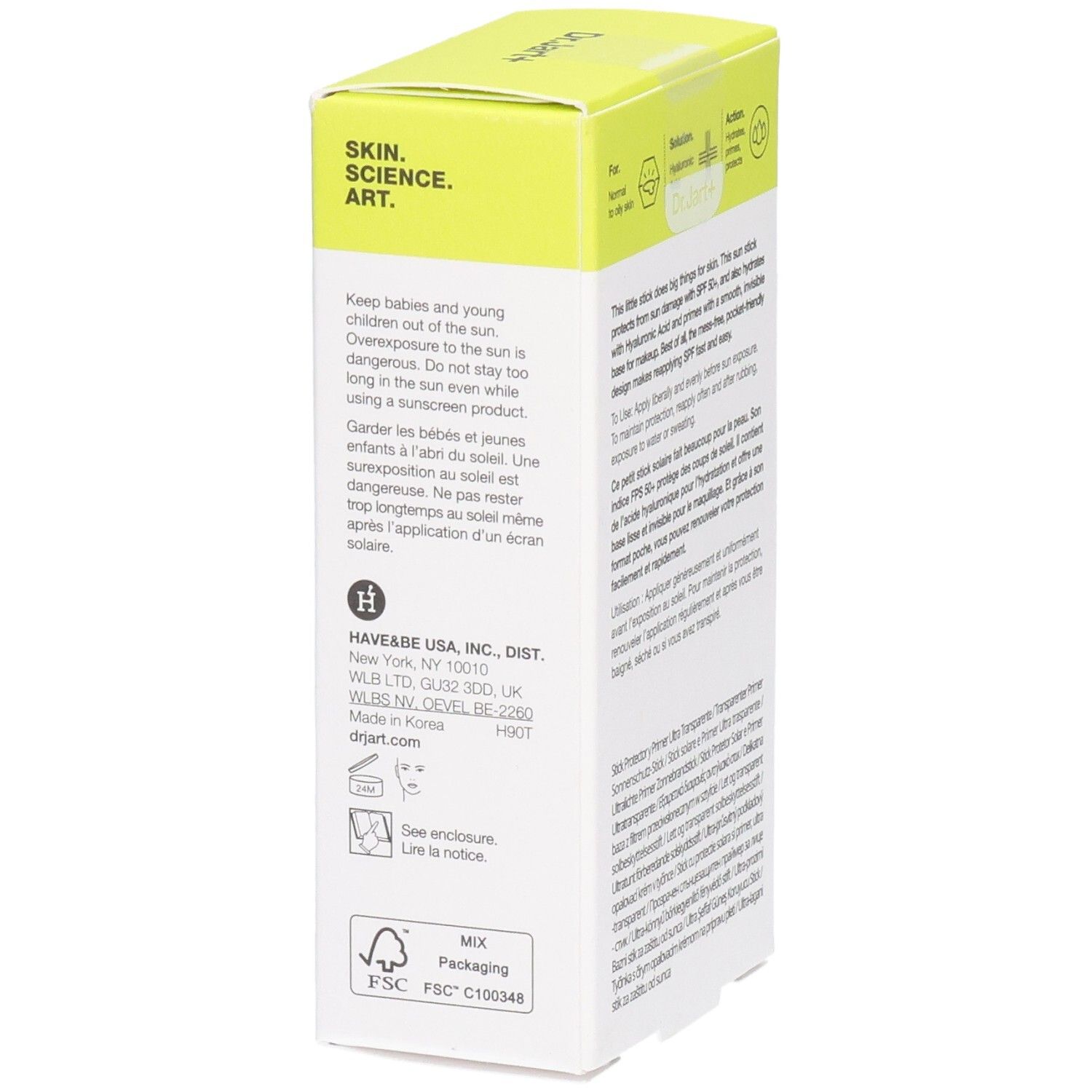 Verpackung des Sonnenschutz-Sticks. Text über Sonnenschutz und Herstellerinformationen.