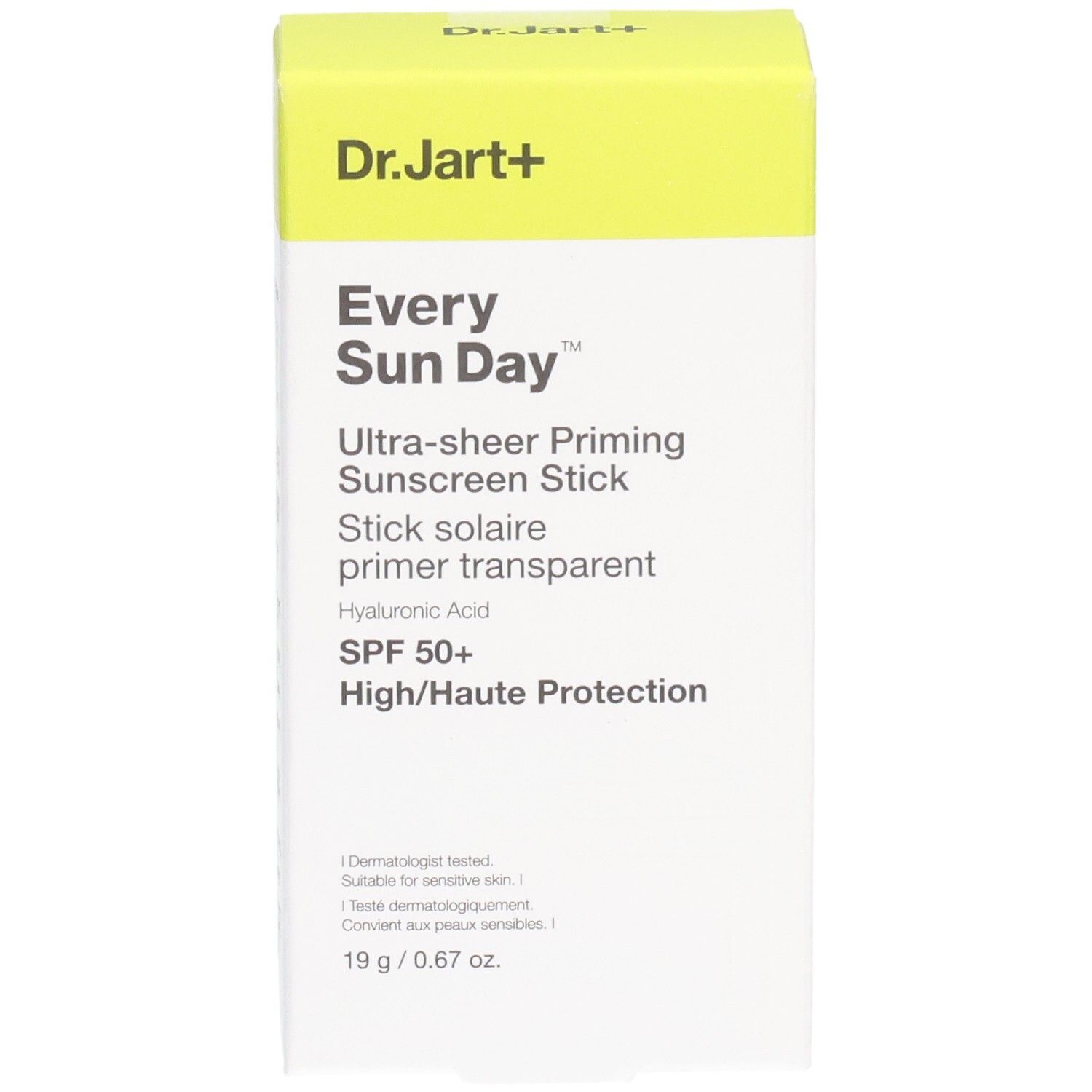 Sonnenschutz-Stick-Verpackung. Aufschrift: Dr. Jart+, Every Sun Day, SPF 50+, 19 g.