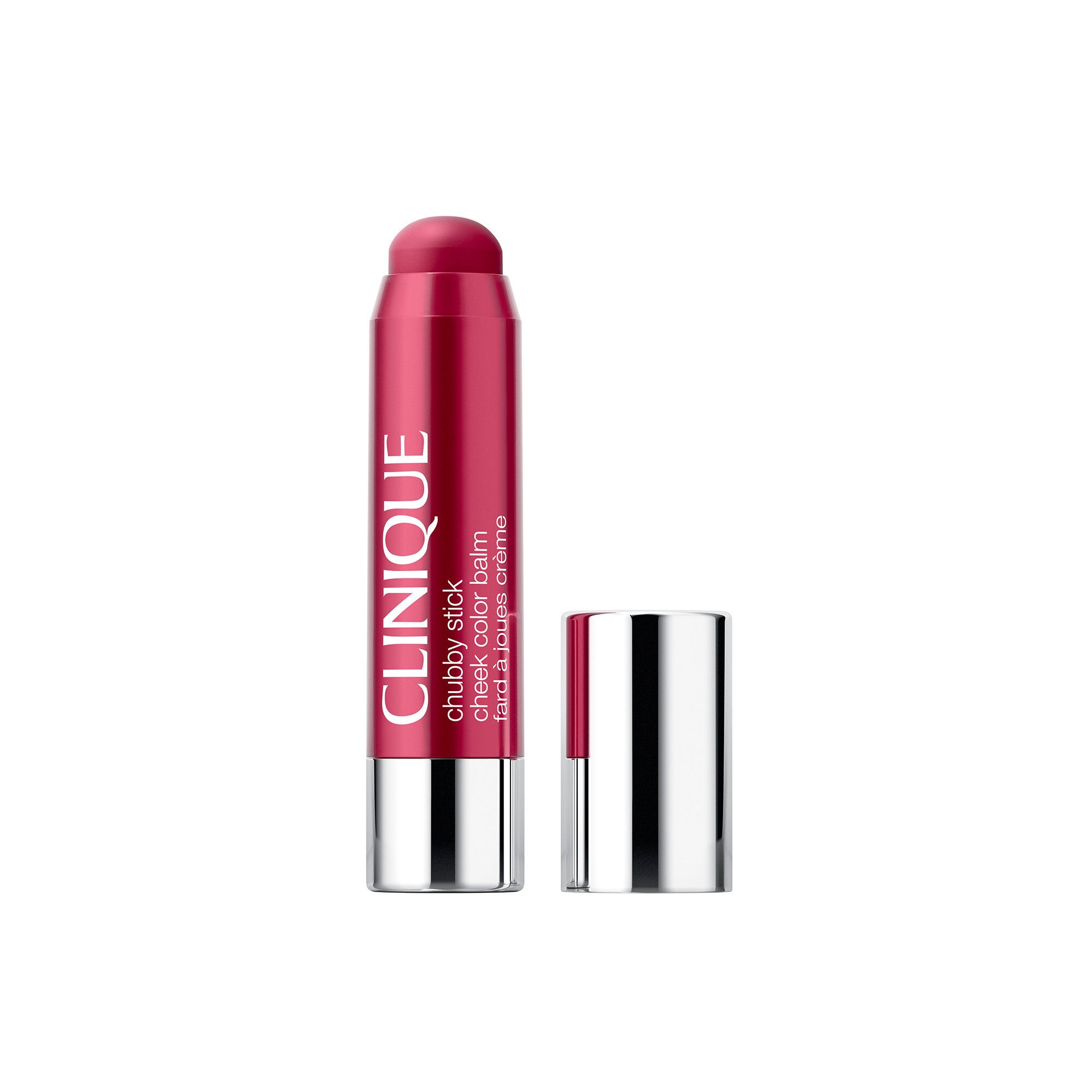 Clinique Chubby Stick. Rouge à lèvres rouge avec capuchon argenté. Capuchon à côté.
