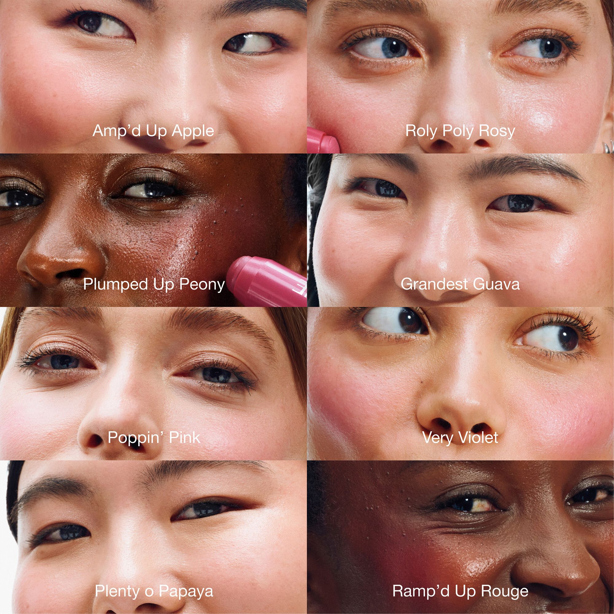 Huit paires d'yeux avec du blush. Différents tons de peau et couleurs.