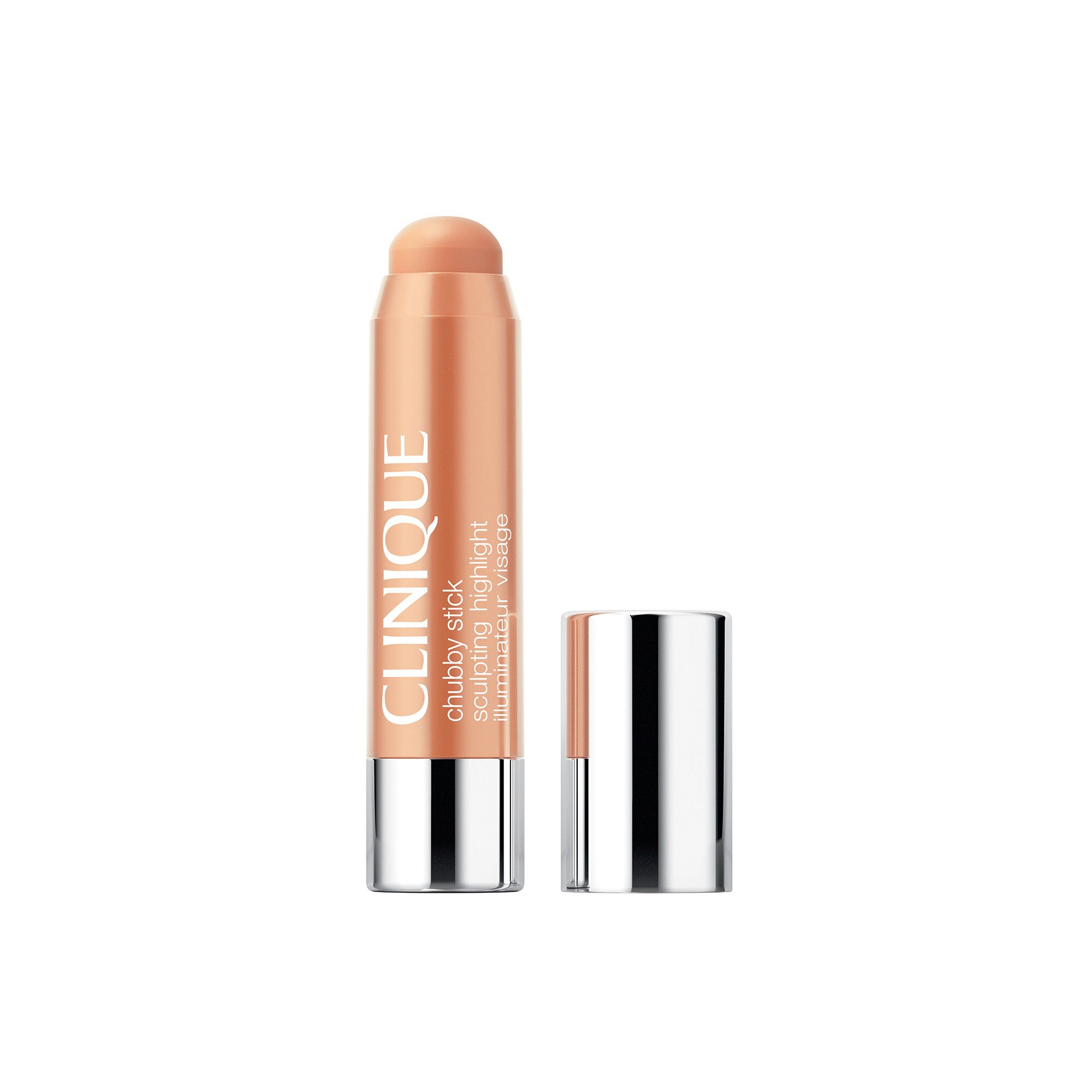 Clinique Chubby Stick. Highlighter-Stift, Farbe Supreme Stardust. Mit silberner Kappe. Deckel daneben.
