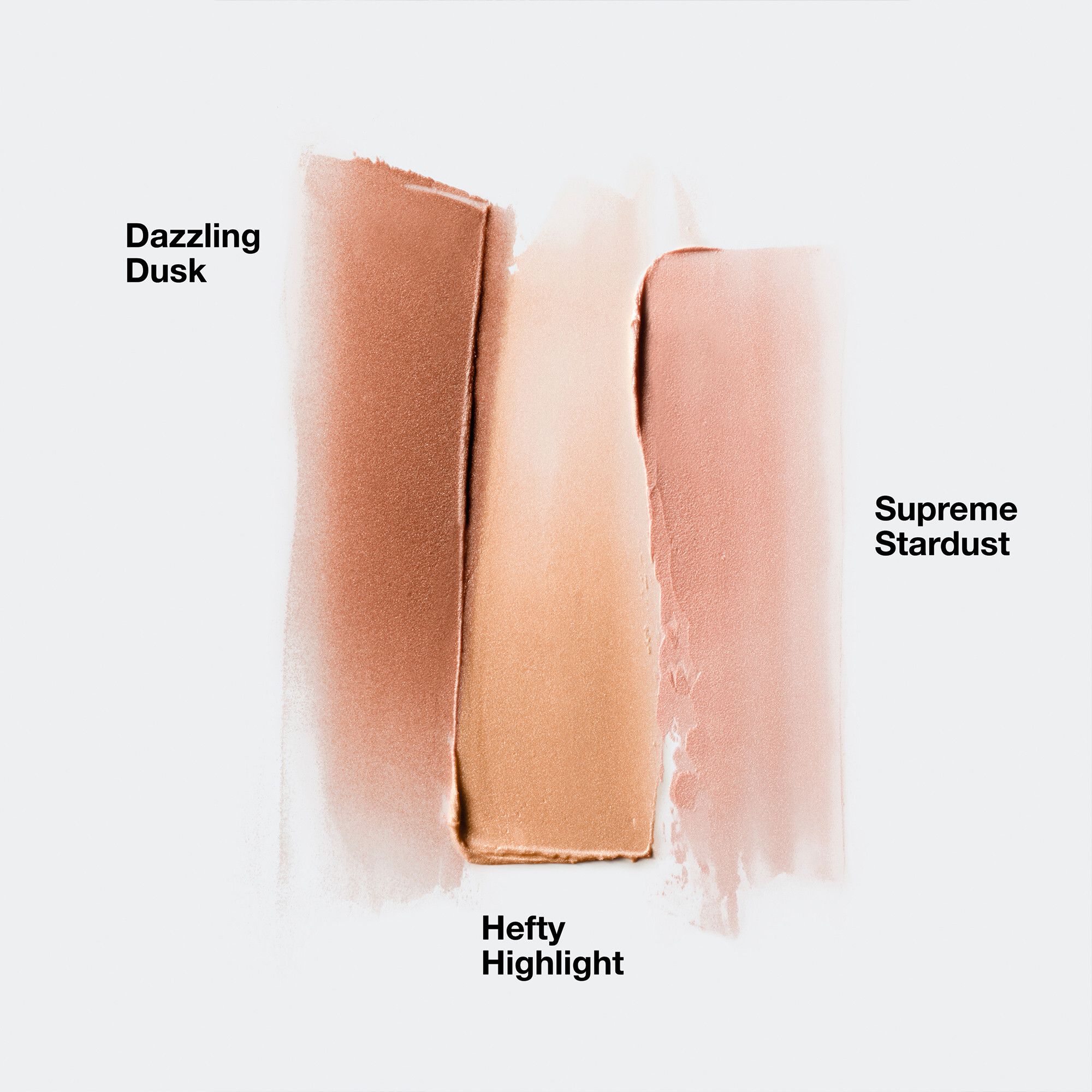 Drei Highlighter-Striche. Namen: 'Dazzling Dusk', 'Hefty Highlight', 'Supreme Stardust'.