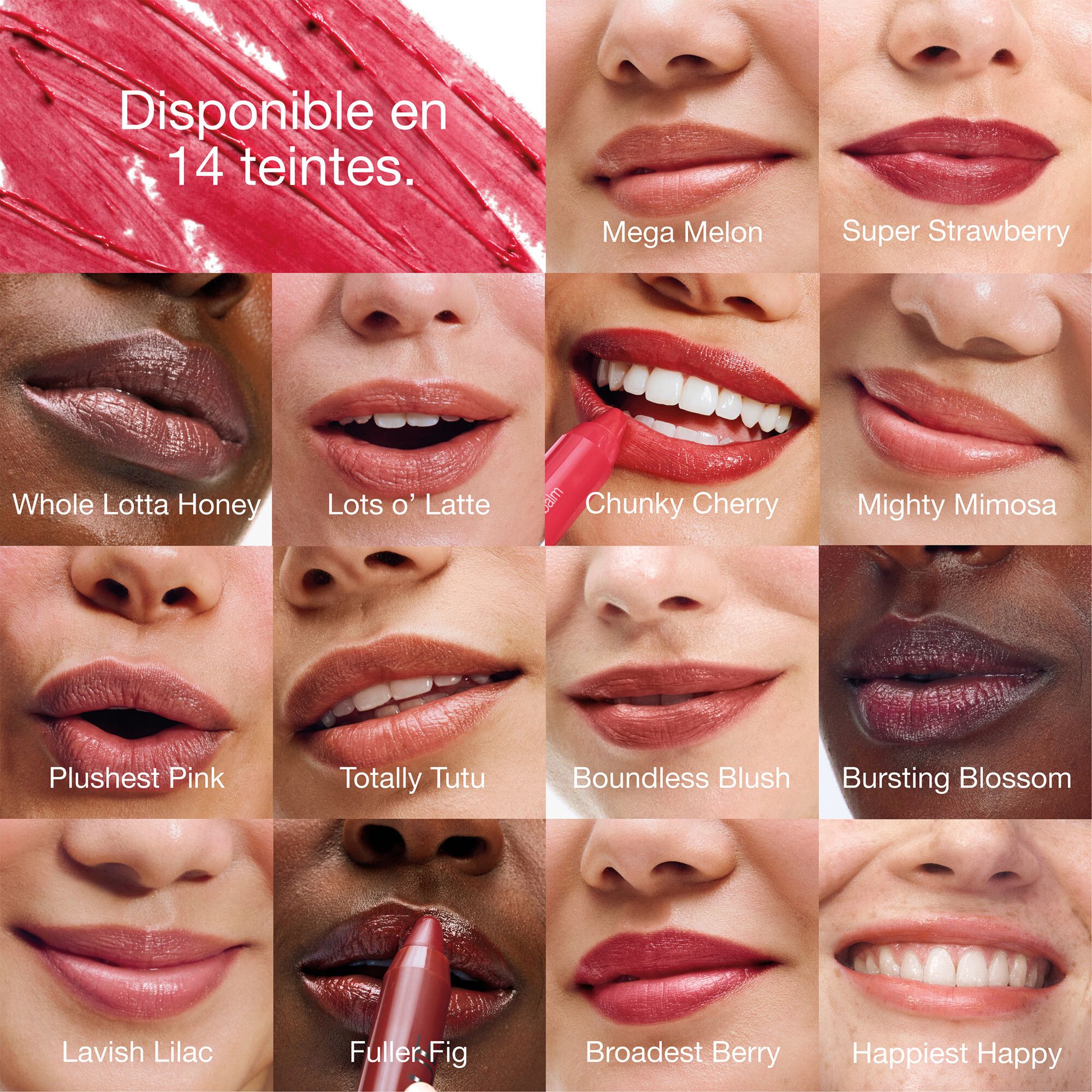 14 Lippenfarben auf Lippen gezeigt. Text: Disponible en 14 teintes.