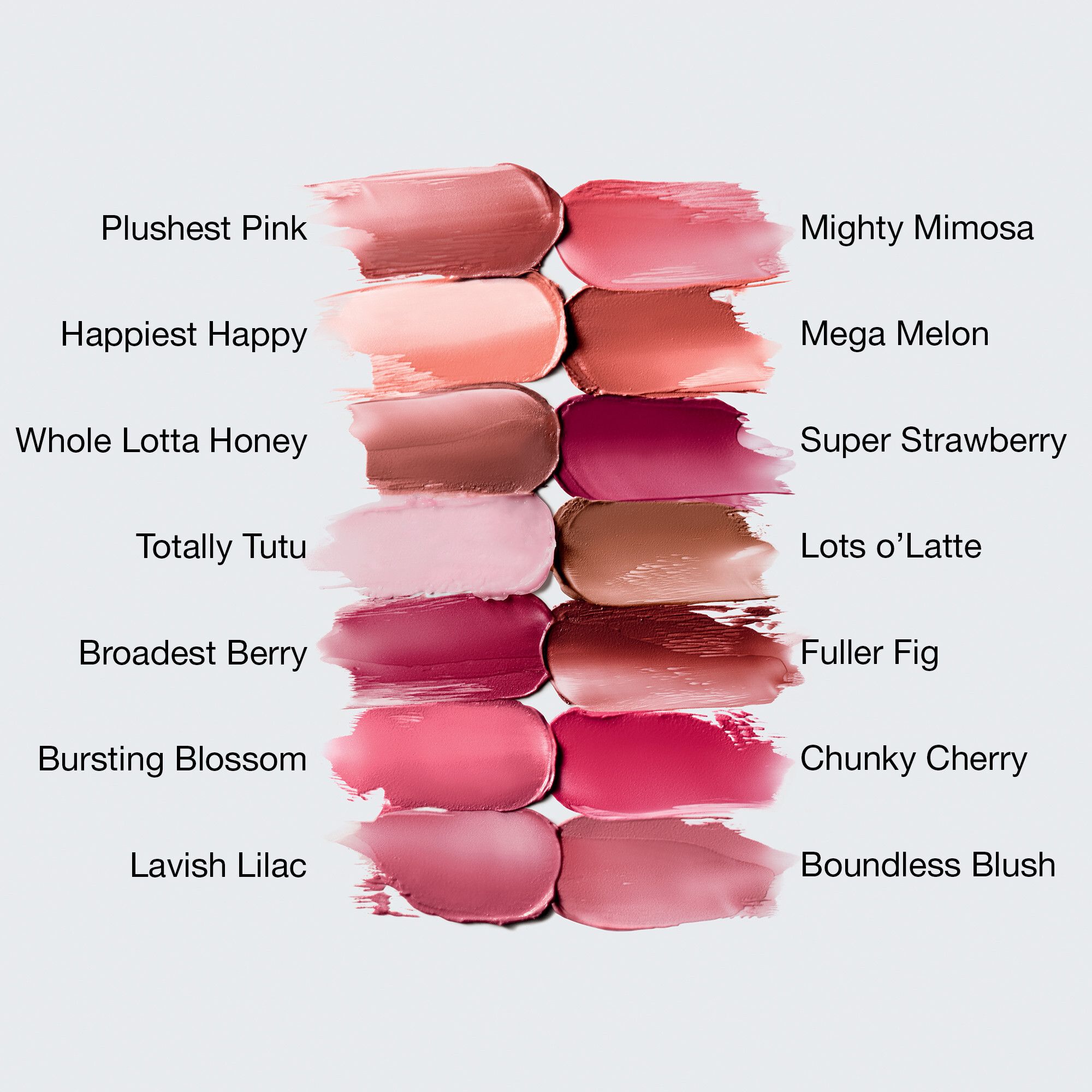 14 Lippenstift-Swatches. Verschiedene Farben. Namen darunter.
