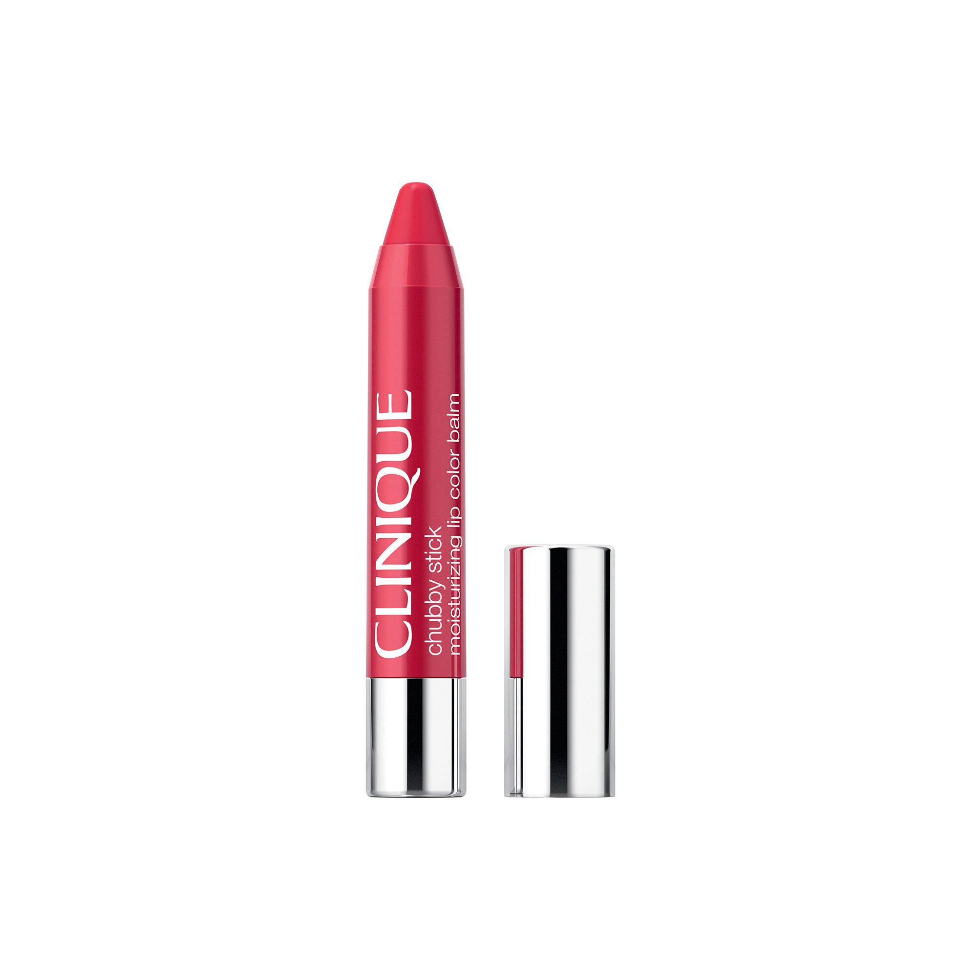 Clinique Chubby Stick. Baume à lèvres rouge, capuchon argenté. Capuchon à côté.