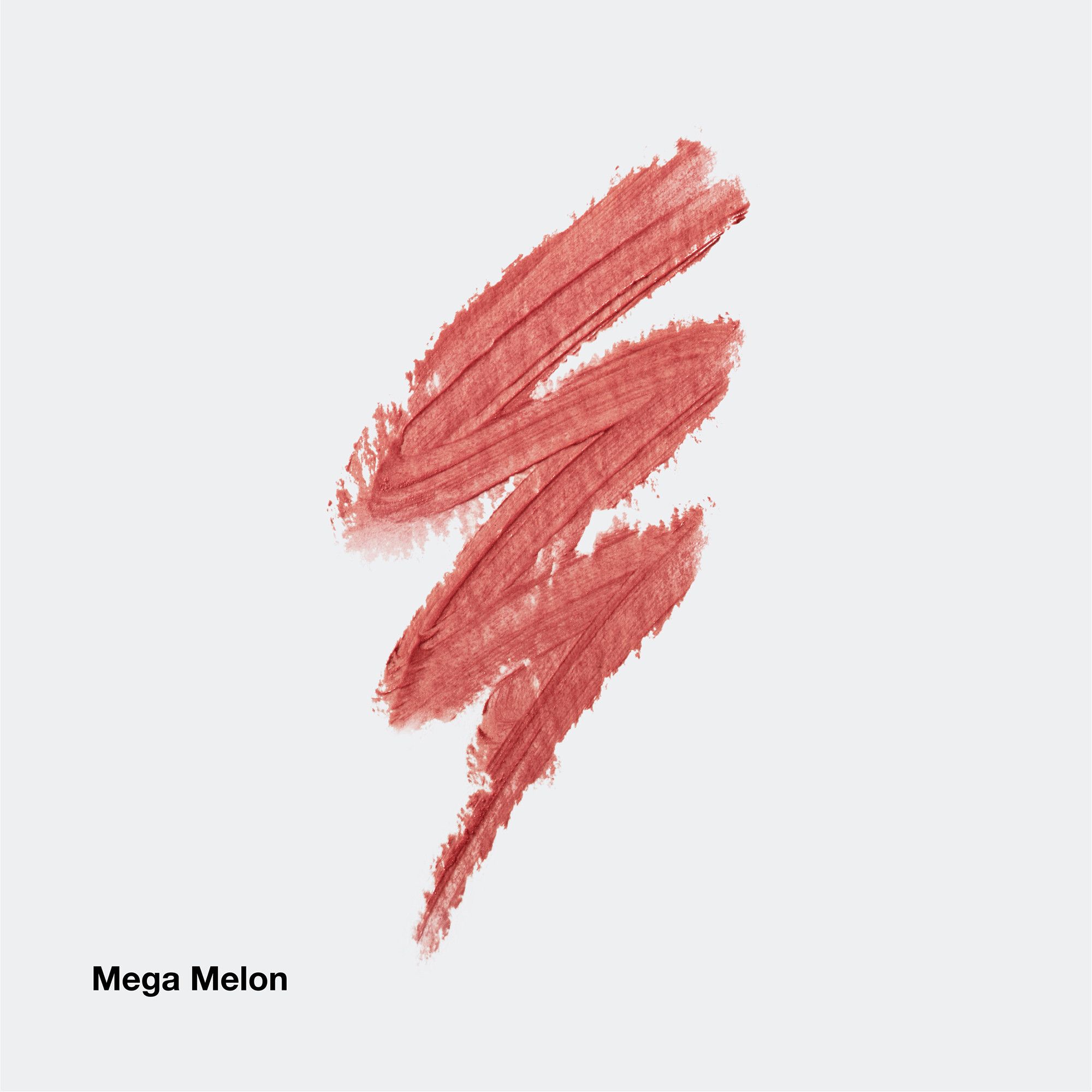 Drei Striche Lippenstift, Farbe Mega Melon. Aufschrift Mega Melon.