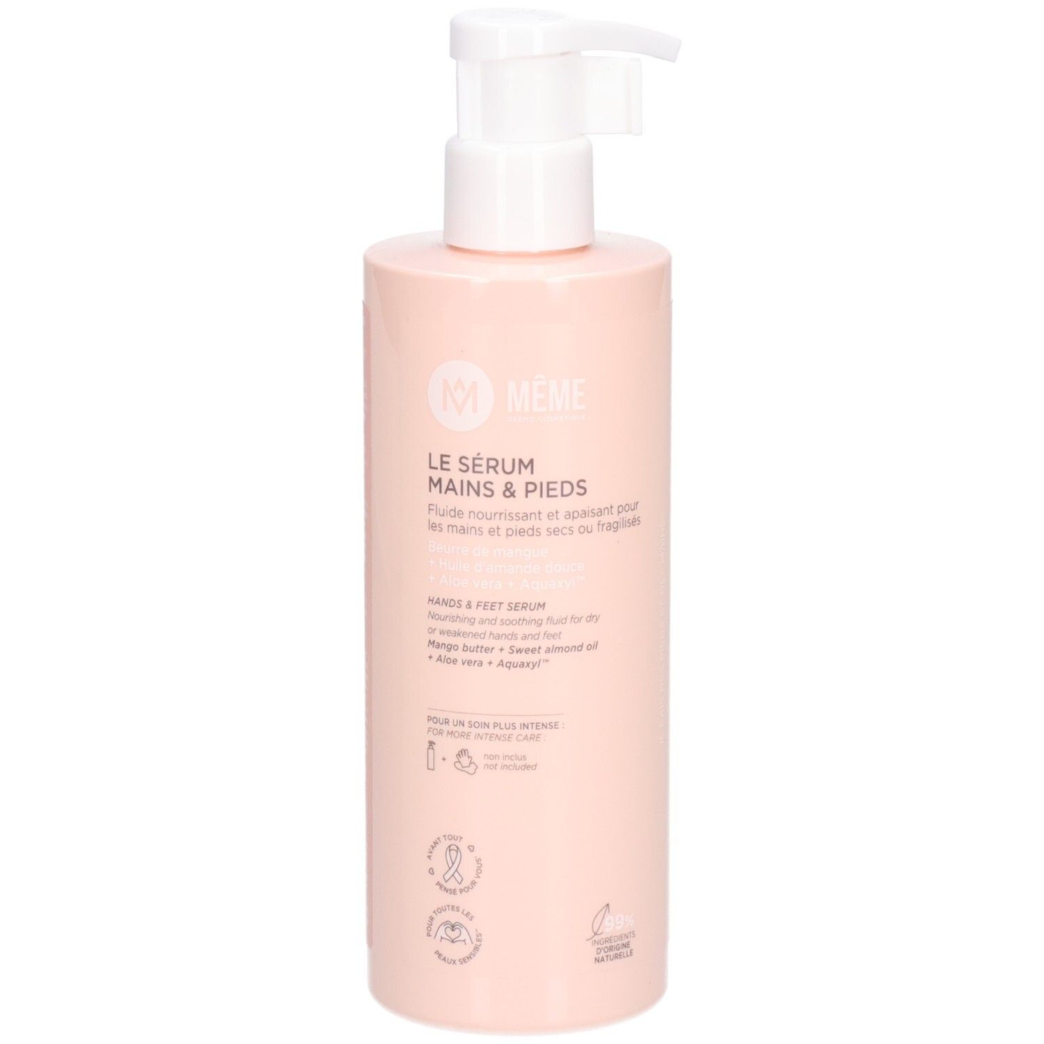 Rosa Flasche mit weißem Pumpkopf. Aufschrift: Le Sérum Mains & Pieds. Logo: Même. Enthält Aloe Vera und Sheabutter.