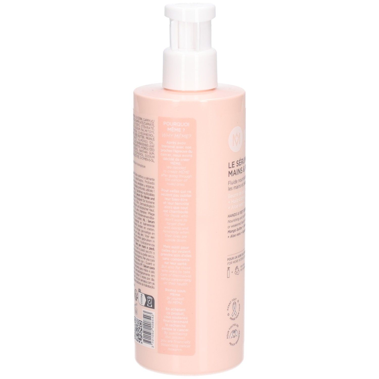 Rückseite der rosa Flasche. Text mit Inhaltsstoffen und Informationen. Logo: Même. Mit QR-Code und Recycling-Symbolen.
