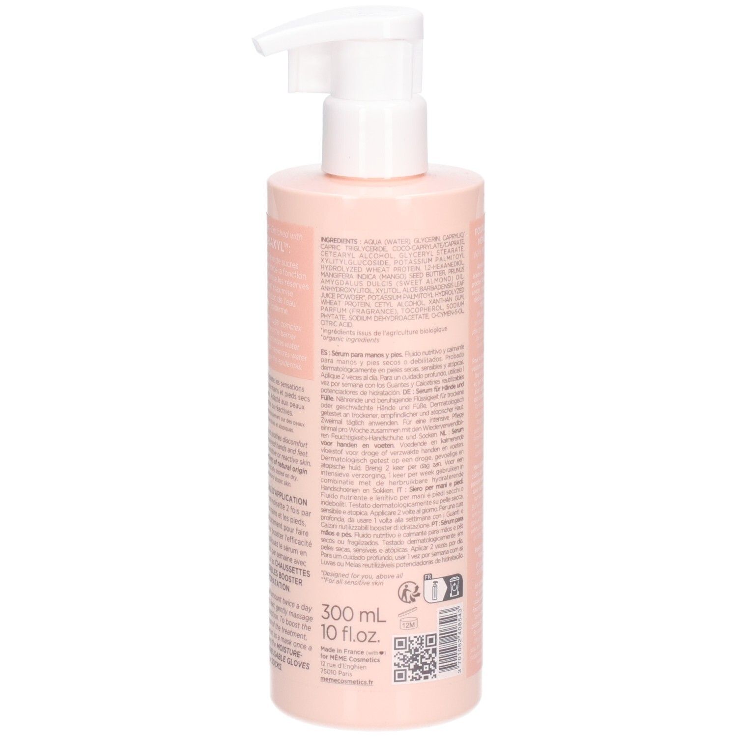 Rückseite der rosa Flasche. Text mit Inhaltsstoffen und Informationen. Volumen: 300 ml. Mit QR-Code und Recycling-Symbolen.