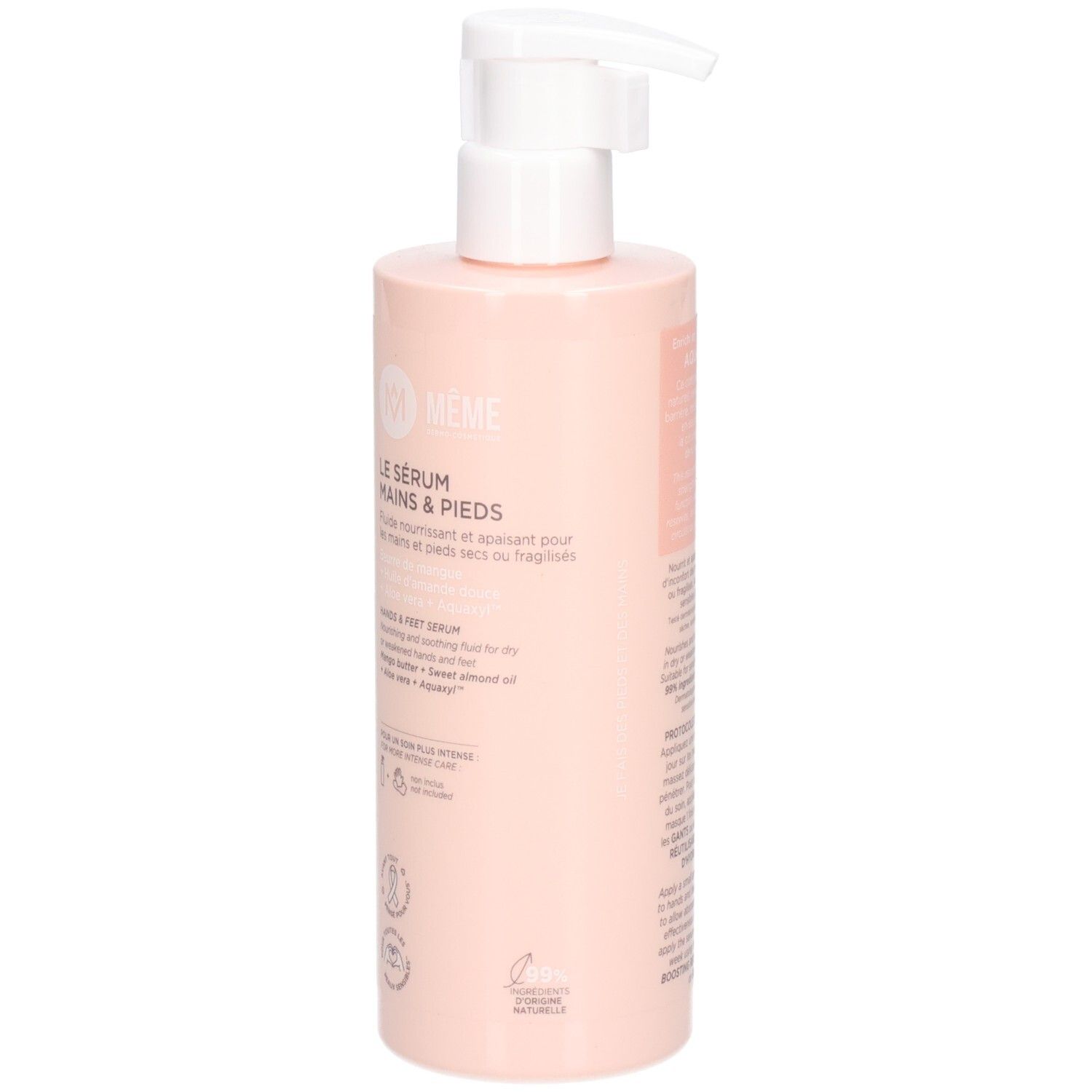 Rosa Flasche mit weißem Pumpkopf. Aufschrift: Le Sérum Mains & Pieds. Logo: Même. Enthält Aloe Vera und Sheabutter.