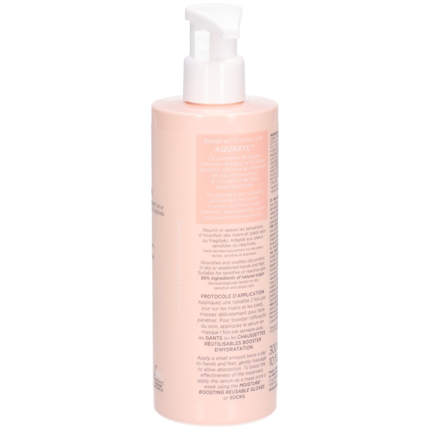 Rückseite der rosa Flasche. Text mit Anwendungshinweisen. Volumen: 300 ml. Mit QR-Code und Recycling-Symbolen.