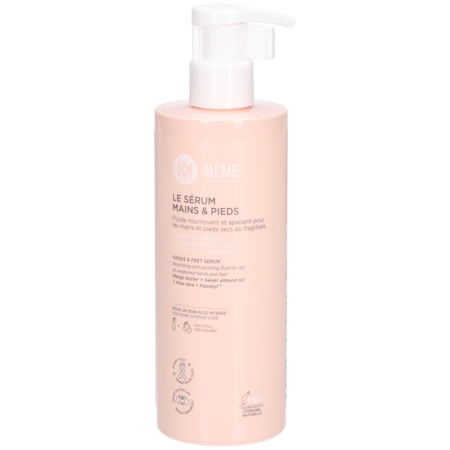 Rosa Flasche mit weißem Pumpkopf. Aufschrift: Le Sérum Mains & Pieds. Logo: Même. Enthält Aloe Vera und Sheabutter.