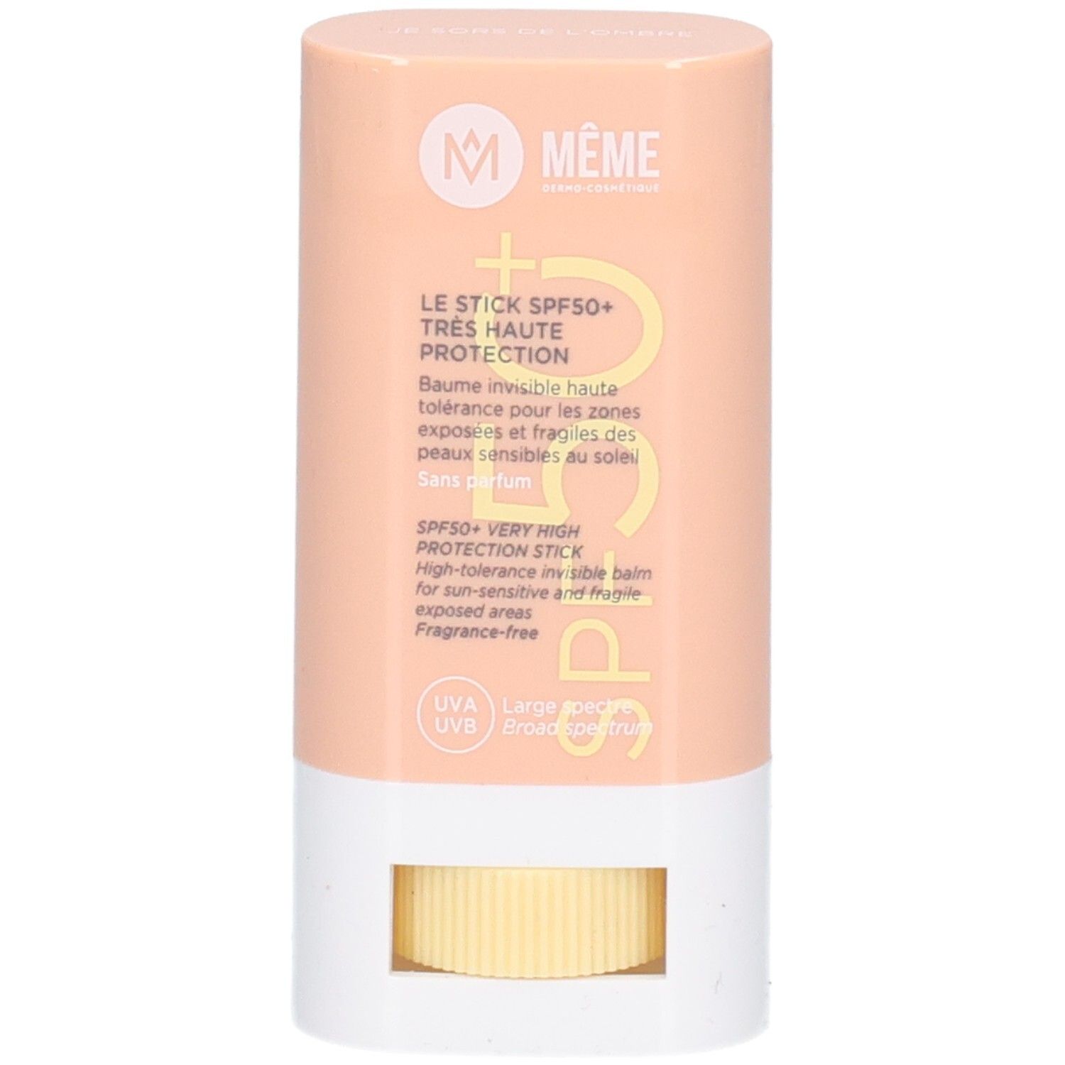 Zylindrischer Stick. Rosa-weißes Gehäuse. Aufschrift: MEME, Le Stick SPF50+, Très Haute Protection. Gelber, geriffelter Applikator.