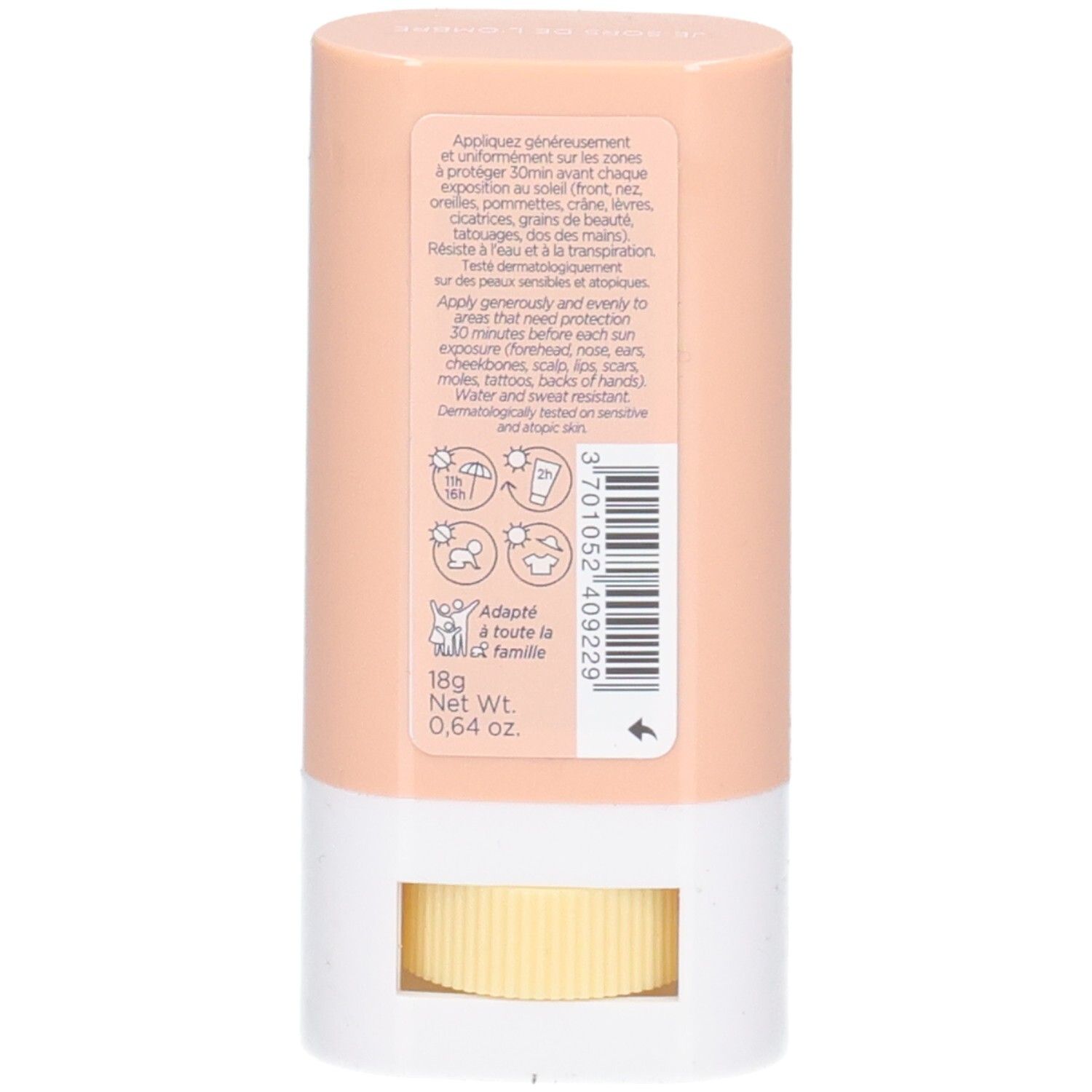 Rückseite des Sticks. Rosa-weißes Gehäuse. Text und Symbole. Barcode. Aufschrift: 18g Net Wt. 0.64 oz.