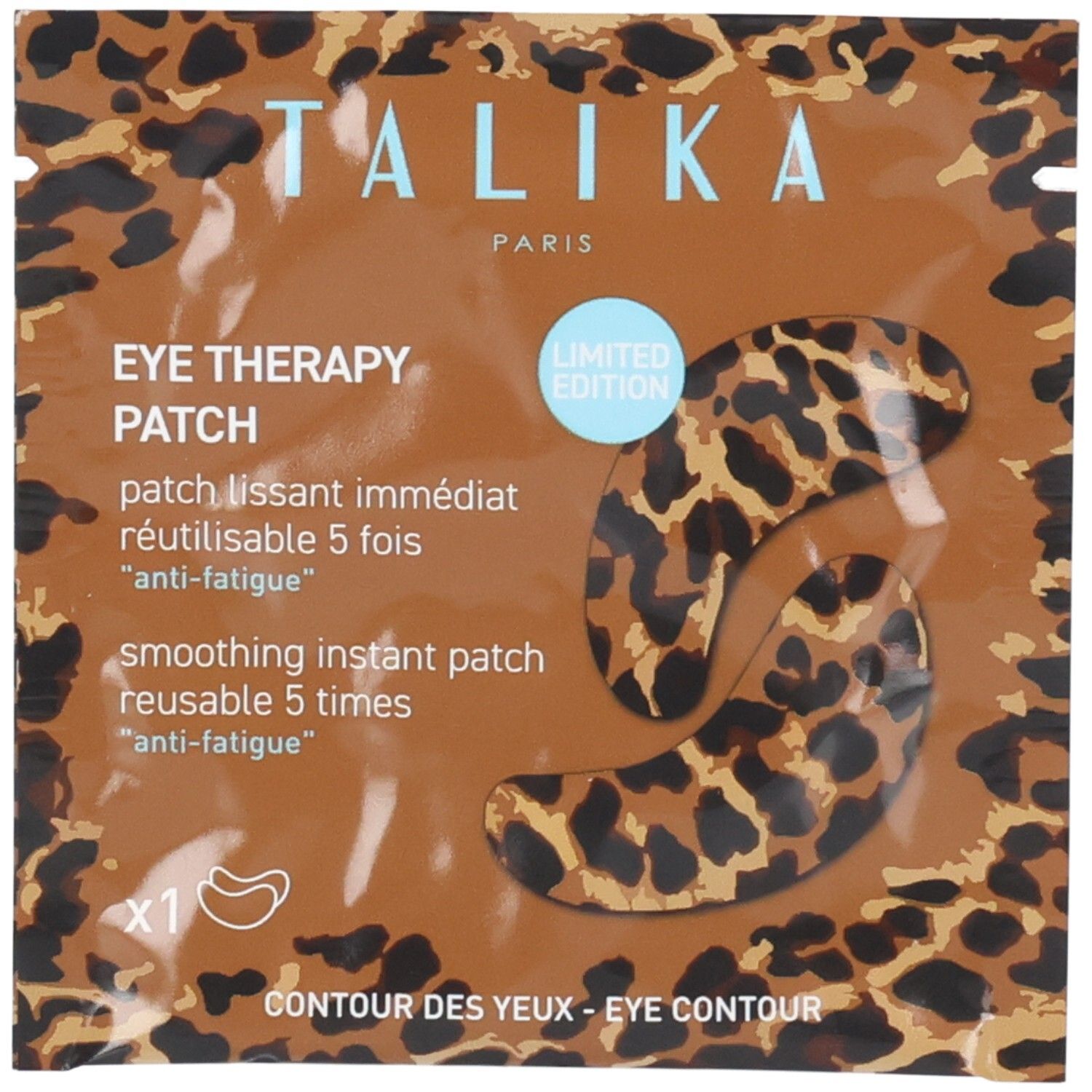 Verpackung mit zwei Augenpatches. Aufschrift: TALIKA PARIS, EYE THERAPY PATCH. Leopardmuster. Limited Edition. Wiederverwendbar.
