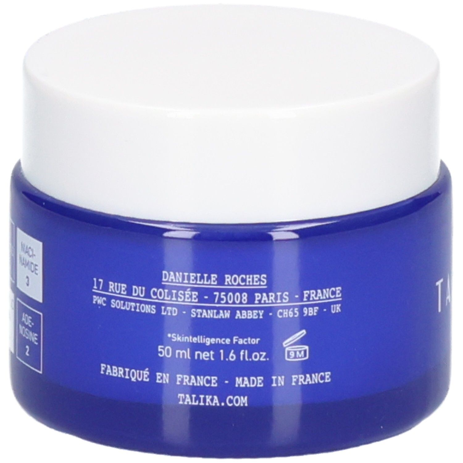 Talika Anti-Age Nacht Gel-Creme, 50 ml. Blaue Glasdose mit weißem Deckel. Enthält Adress- und Produktinformationen.