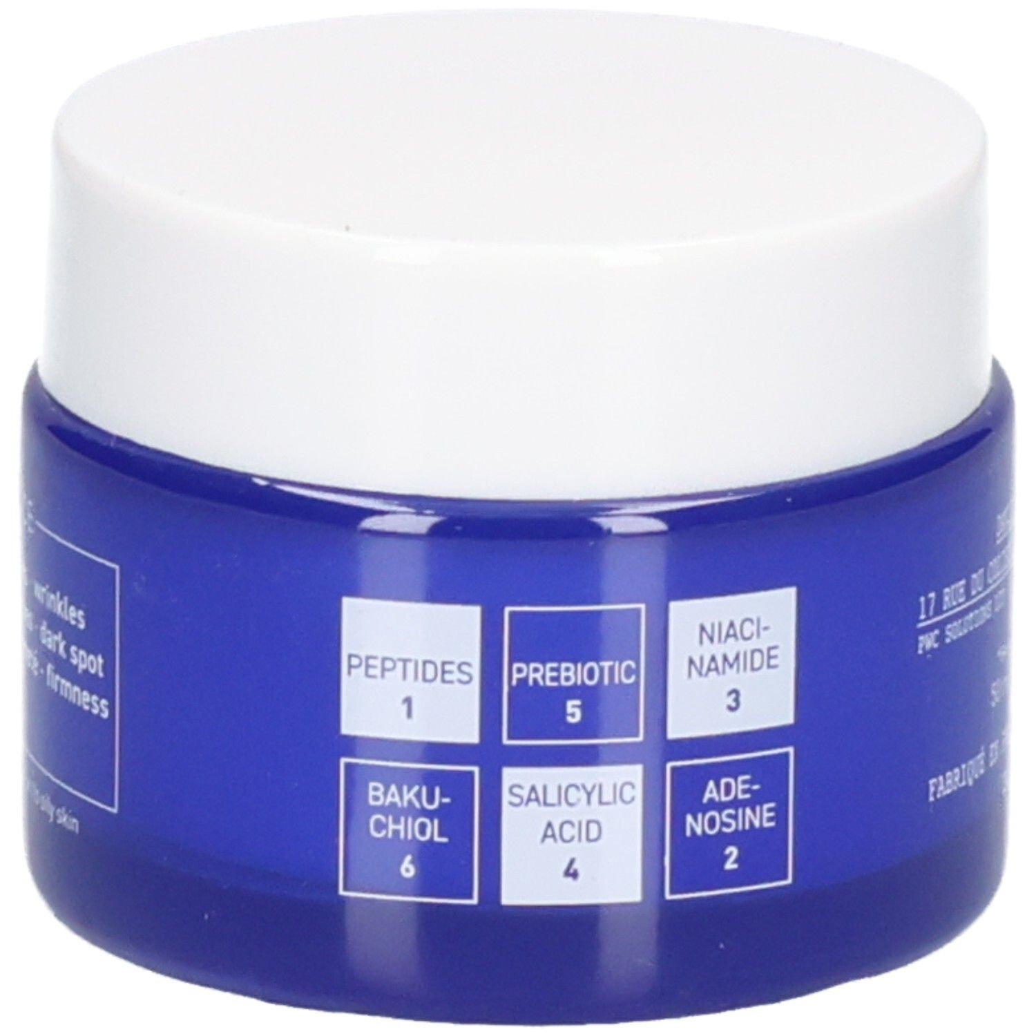 Talika Anti-Age Nacht Gel-Creme. Blaue Glasdose mit weißem Deckel. Zeigt Inhaltsstoffe wie Peptide, Präbiotika, Niacinamid, Bakuchiol, Salicylsäure, Adenosin.