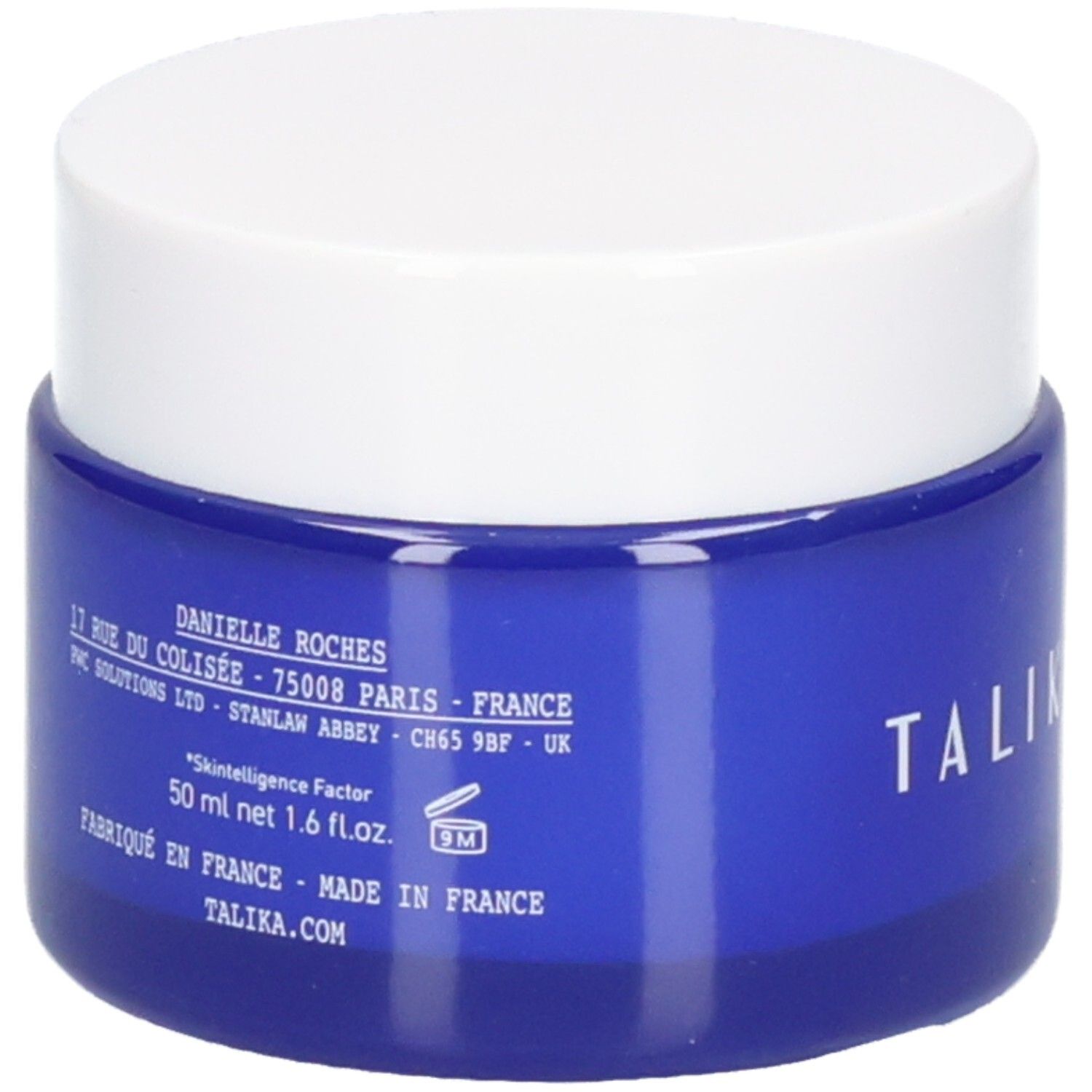 Talika Anti-Age Nacht Gel-Creme. Blaue Glasdose mit weißem Deckel. Enthält Adress- und Produktinformationen, inklusive Herstellungsland.