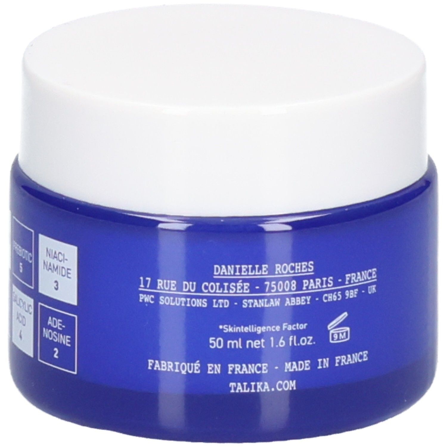 Talika Anti-Age Nacht Gel-Creme. Blaue Glasdose mit weißem Deckel. Zeigt Inhaltsstoffe wie Niacinamid, Bakuchiol, Salicylsäure, Adenosin.