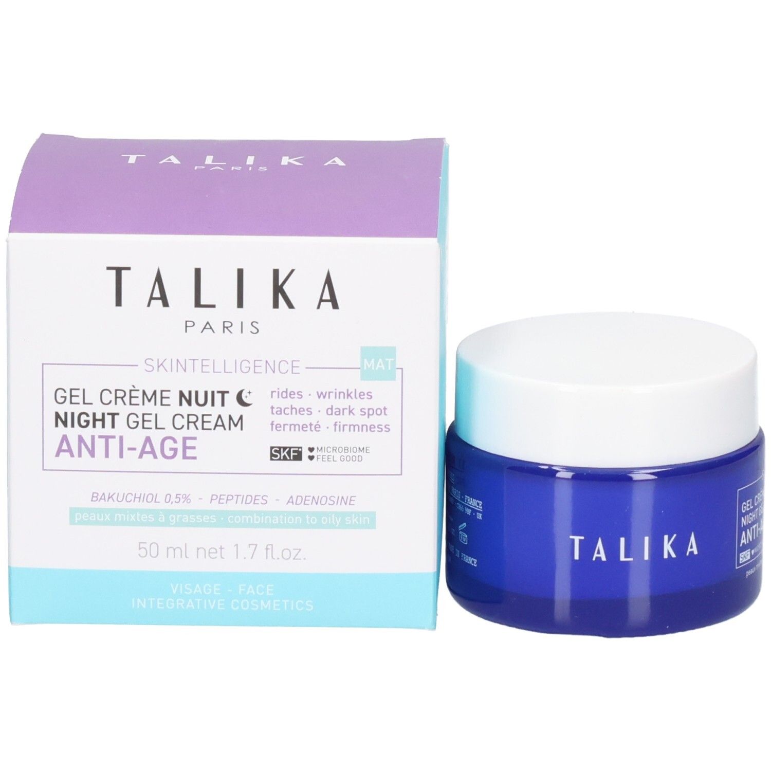 Talika Anti-Age Nacht Gel-Creme und Kartonverpackung. Blaue Dose mit weißem Deckel. Karton mit lila und hellblauen Akzenten.