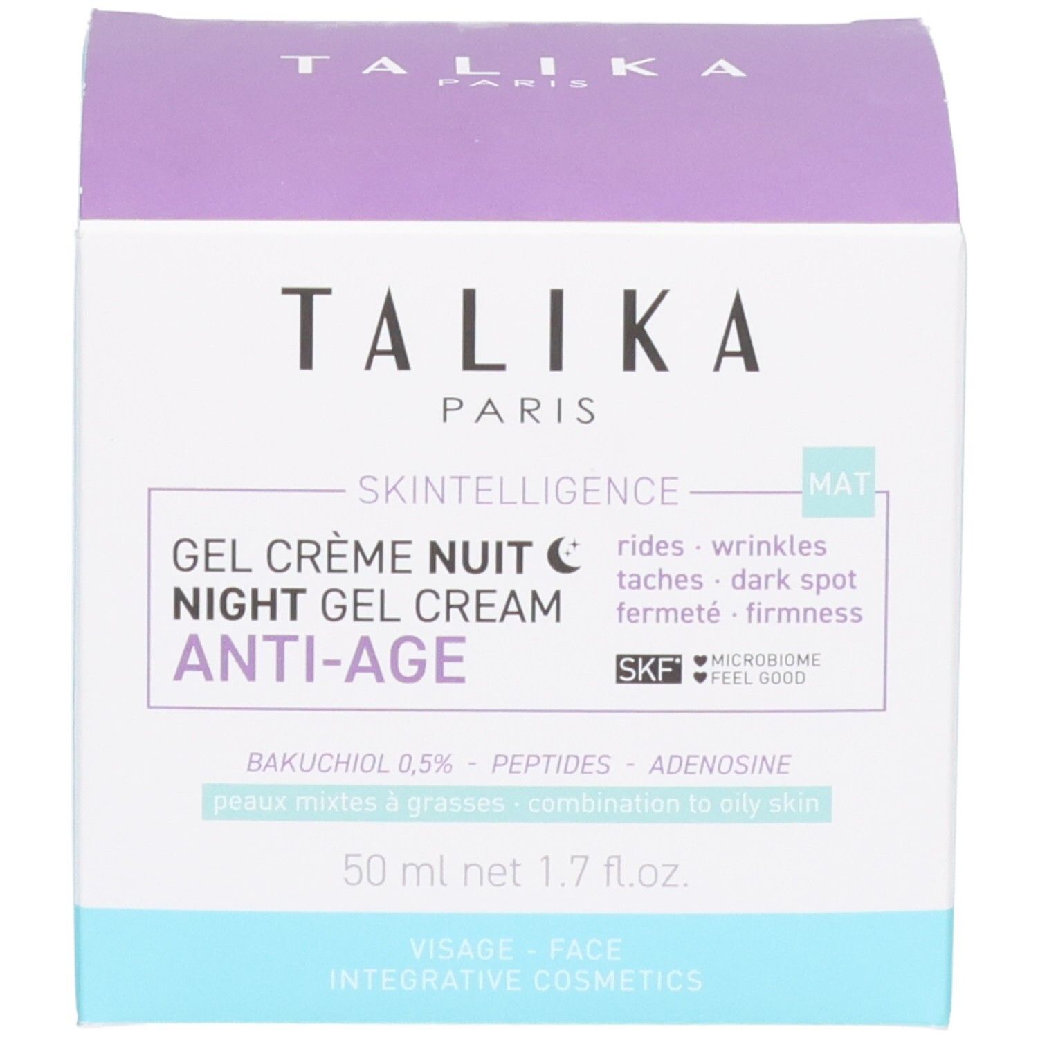 Talika Anti-Age Nacht Gel-Creme und Kartonverpackung. Karton mit lila und hellblauen Akzenten. Zeigt 'GEL CRÈME NUIT ANTI-AGE'.
