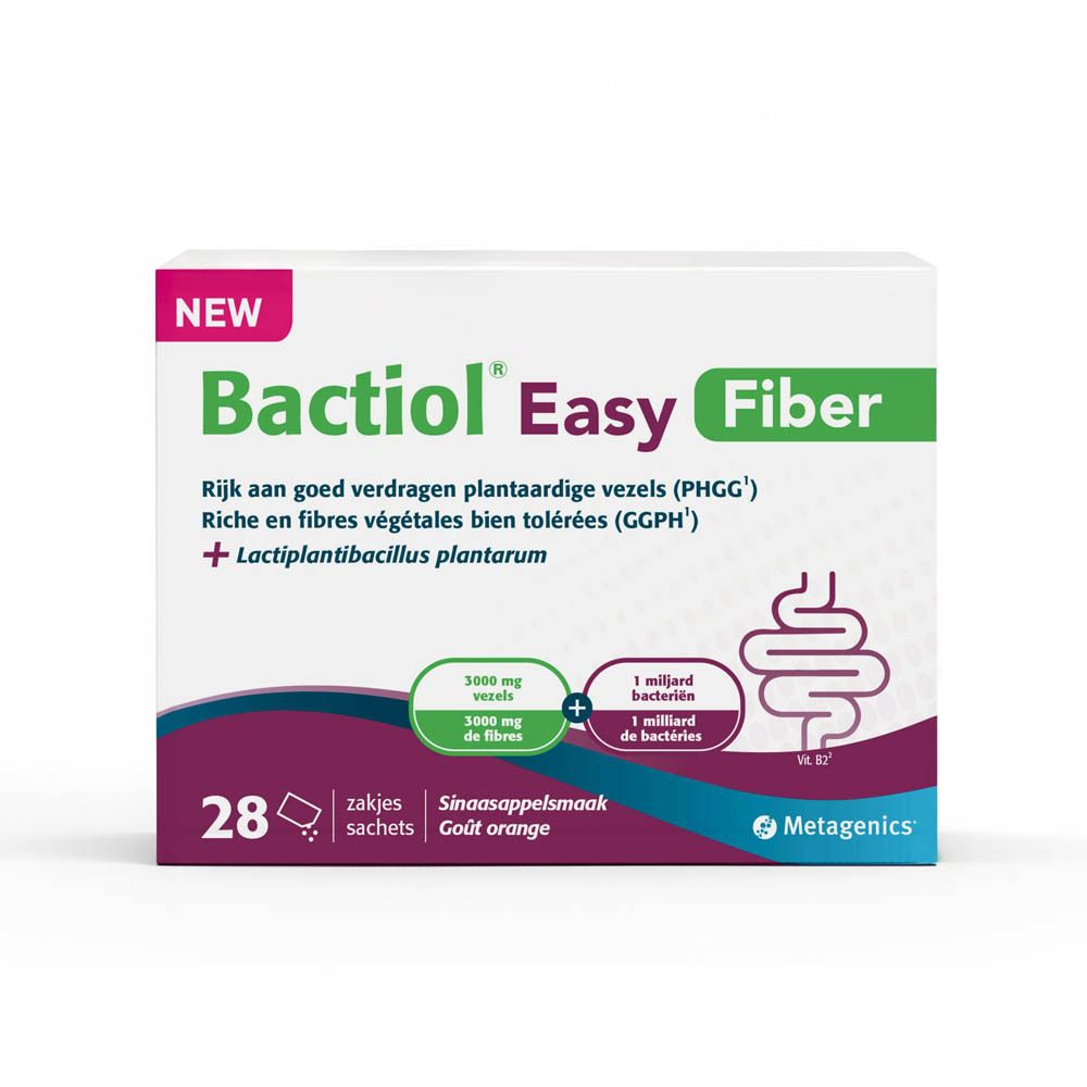 Schachtel mit Bactiol Easy Fiber. 28 Sachets. Enthält 3000 mg Ballaststoffe und 1 Milliarde Bakterien.