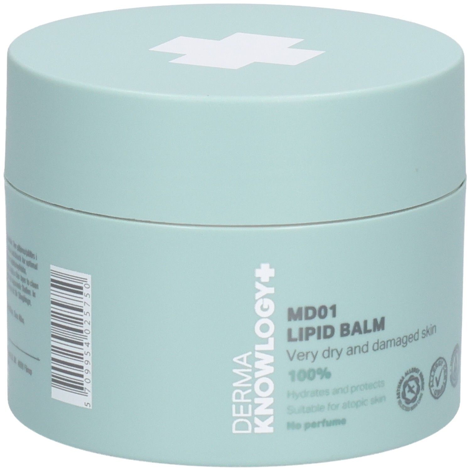 Zylindrische Dose, hellgrün. Aufschrift: DermaKnowlogy+, MD01 Lipid Balm, 100%, sehr trockene Haut. Mit Kreuz-Logo.
