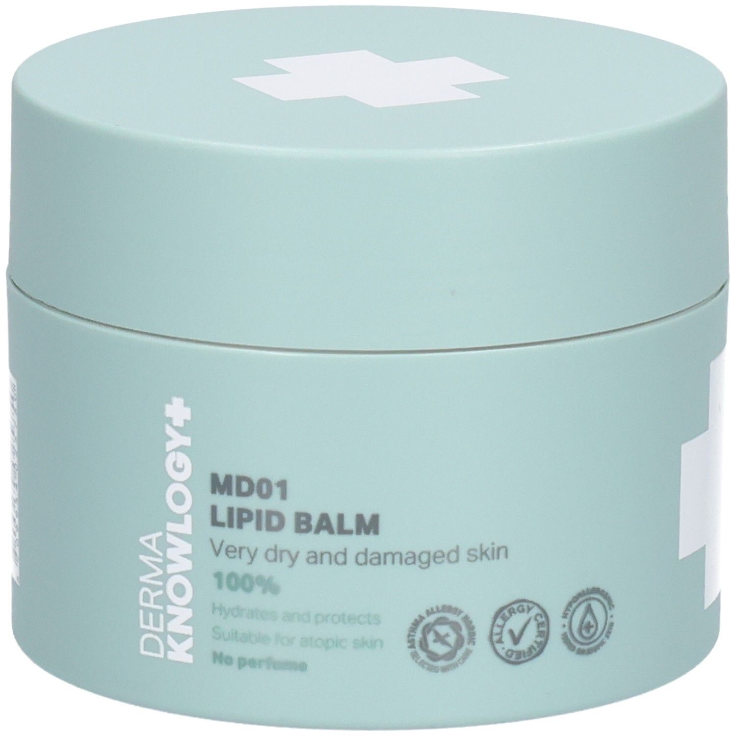 Zylindrische Dose, hellgrün. Aufschrift: DermaKnowlogy+, MD01 Lipid Balm, 100%, sehr trockene Haut. Mit Kreuz-Logo.