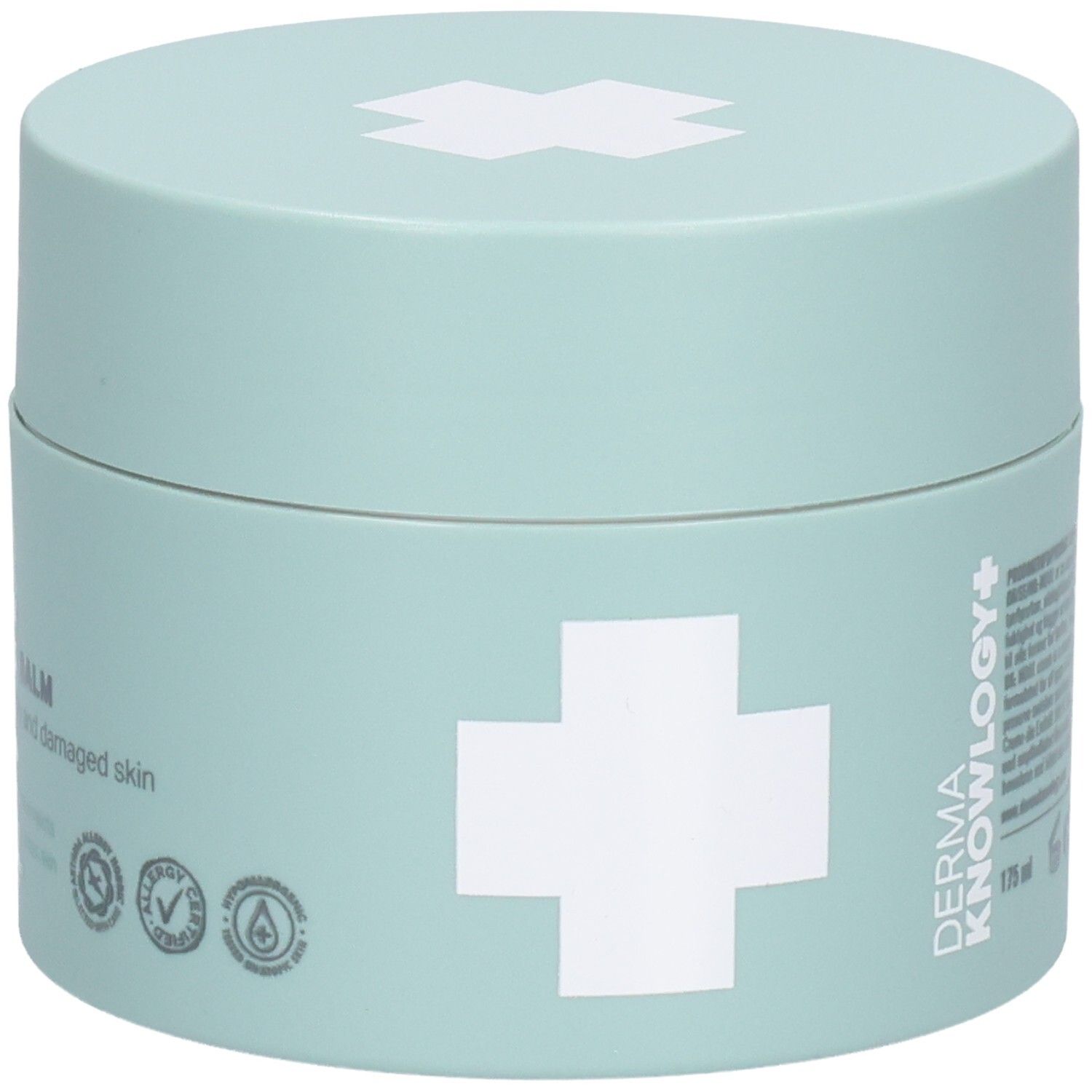 Zylindrische Dose, hellgrün. Aufschrift: DermaKnowlogy+, MD01 Lipid Balm, 175 ml. Mit Kreuz-Logo und Zertifizierungen.
