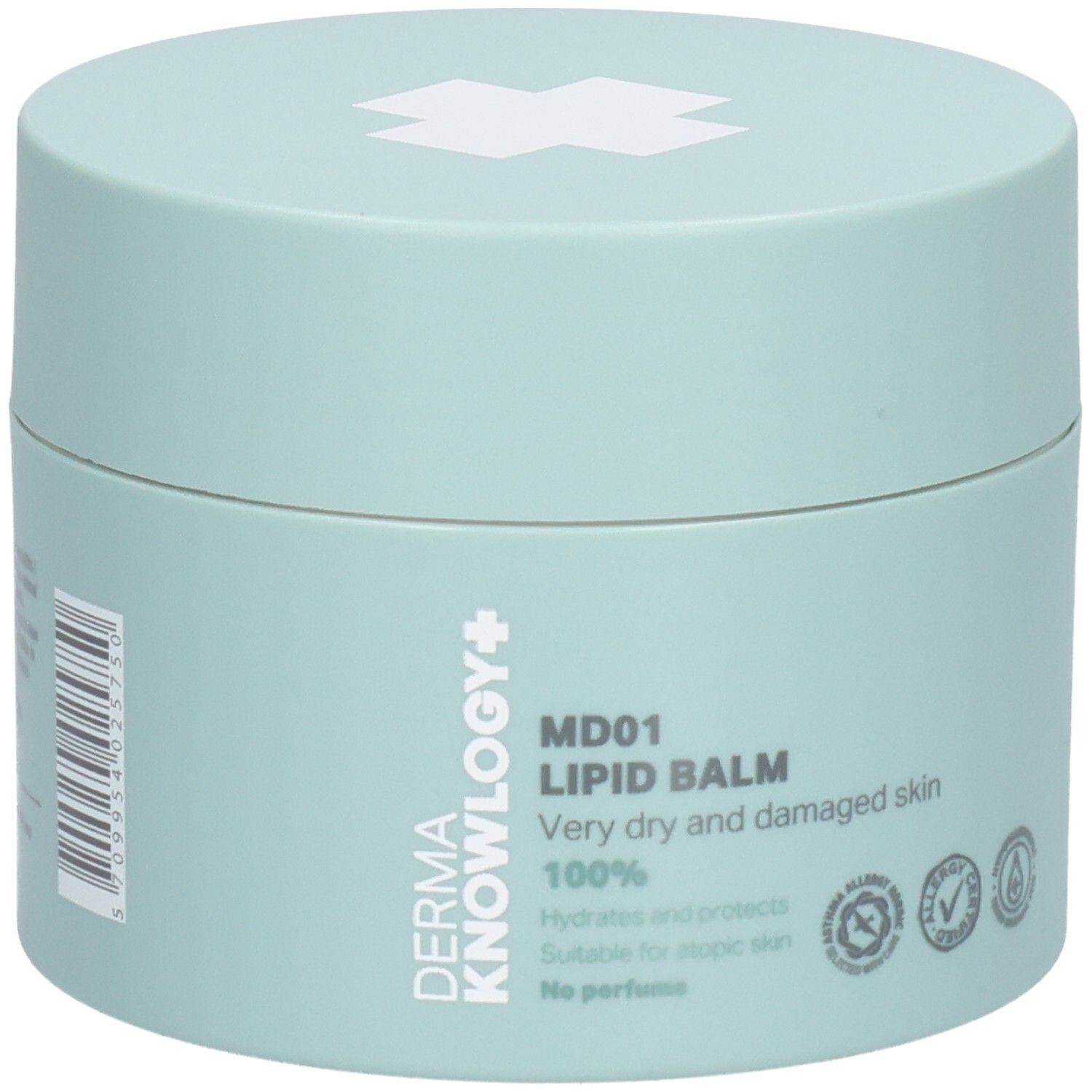Zylindrische Dose, hellgrün. Aufschrift: DermaKnowlogy+, MD01 Lipid Balm, 100%, sehr trockene Haut. Mit Kreuz-Logo.