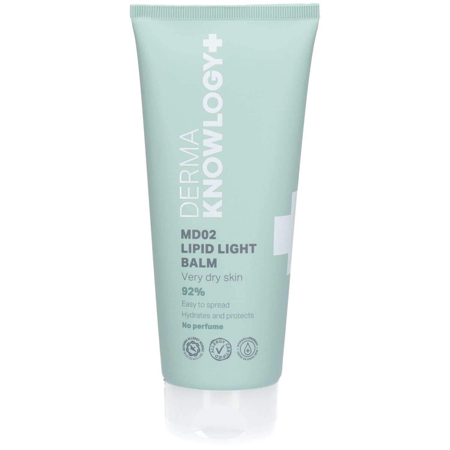 Hellgrüne Tube mit weißer Schrift. Aufschrift: DERMA KNOWLOGY+, MD02 LIPID LIGHT BALM, 92%, für sehr trockene Haut. Siegel.