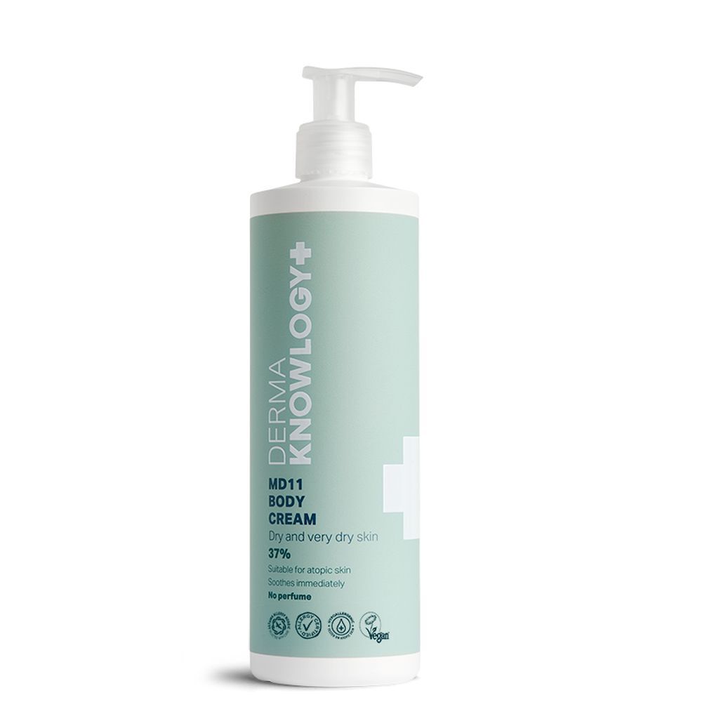 Flacon blanc avec étiquette verte. Inscription: DERMA KNOWLOGY+, MD11 BODY CREAM, 37%. Pour peaux sèches. Sans parfum.