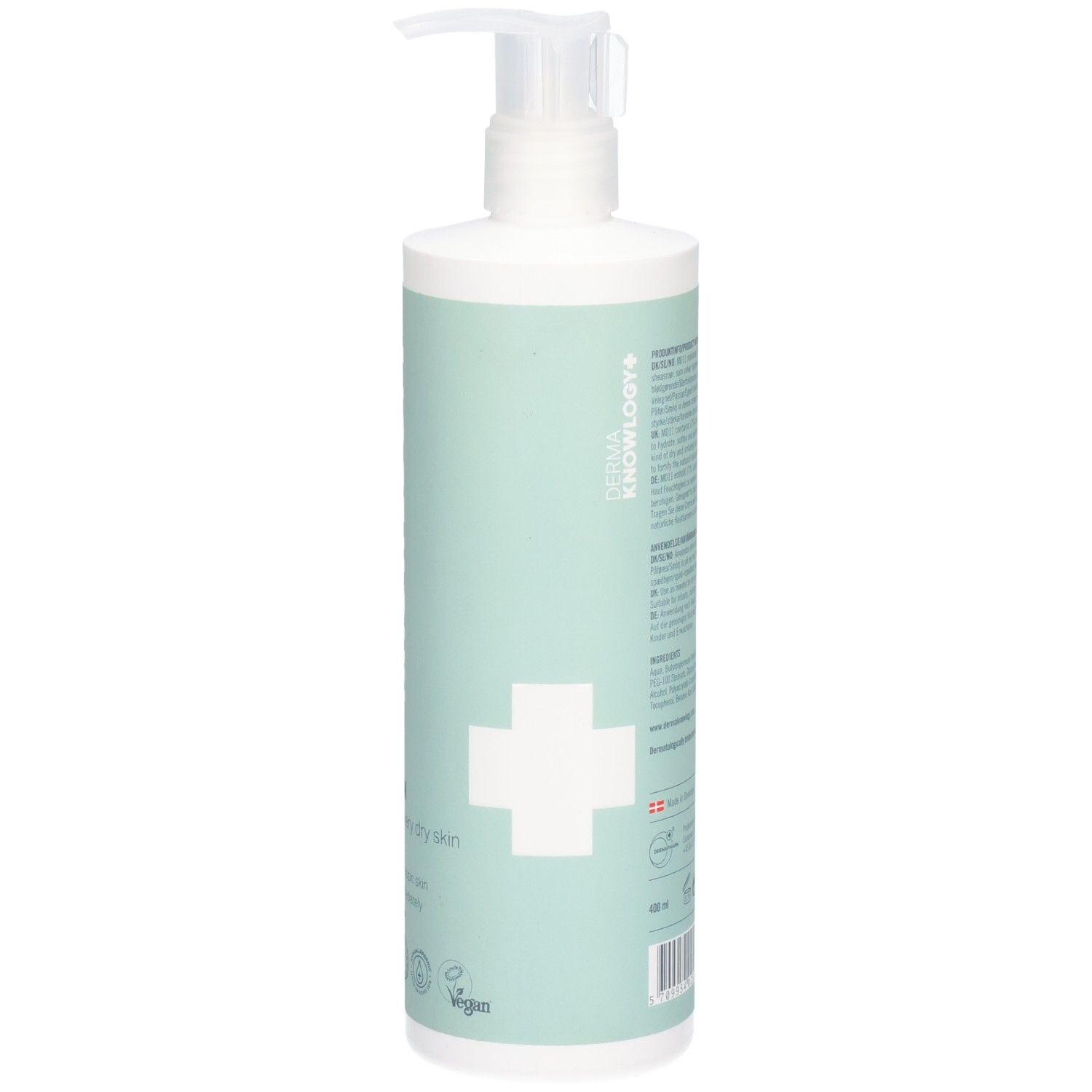 Weißer Spender mit grünem Etikett. Aufschrift: DERMA KNOWLOGY+, MD11 BODY CREAM, 37%. Für trockene Haut. Ohne Parfüm.