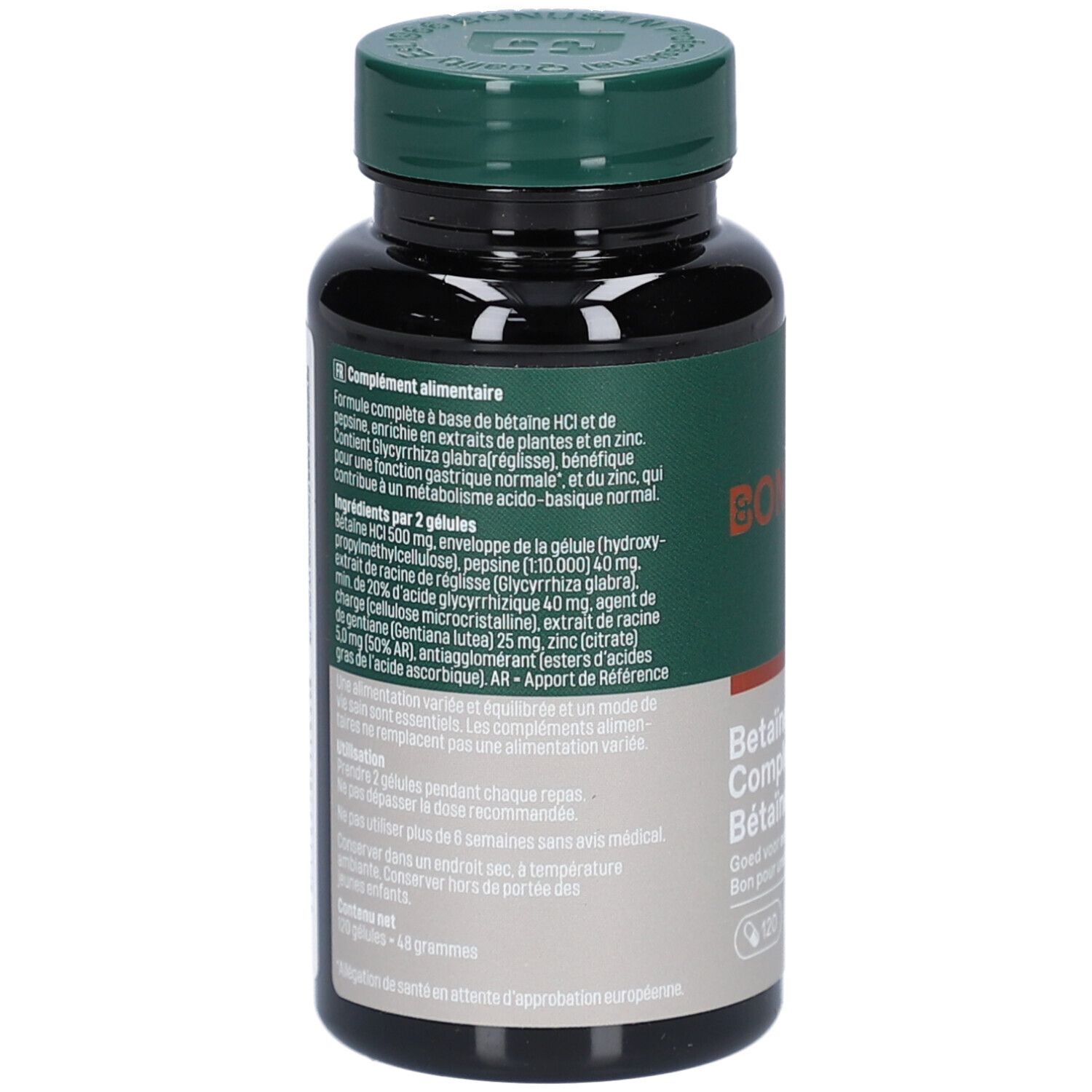 Rückansicht der Flasche. Etikett mit Produktinformationen und Inhaltsstoffen. Braune Flasche mit grünem Deckel.