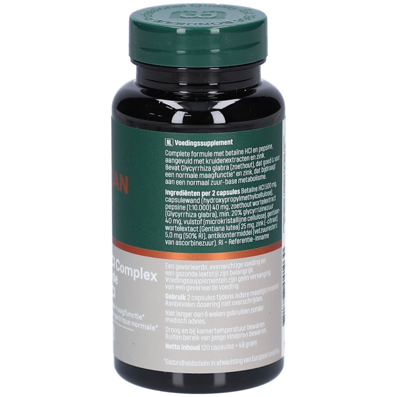 Rückansicht der Flasche. Etikett mit Produktinformationen und Inhaltsstoffen. Braune Flasche mit grünem Deckel.