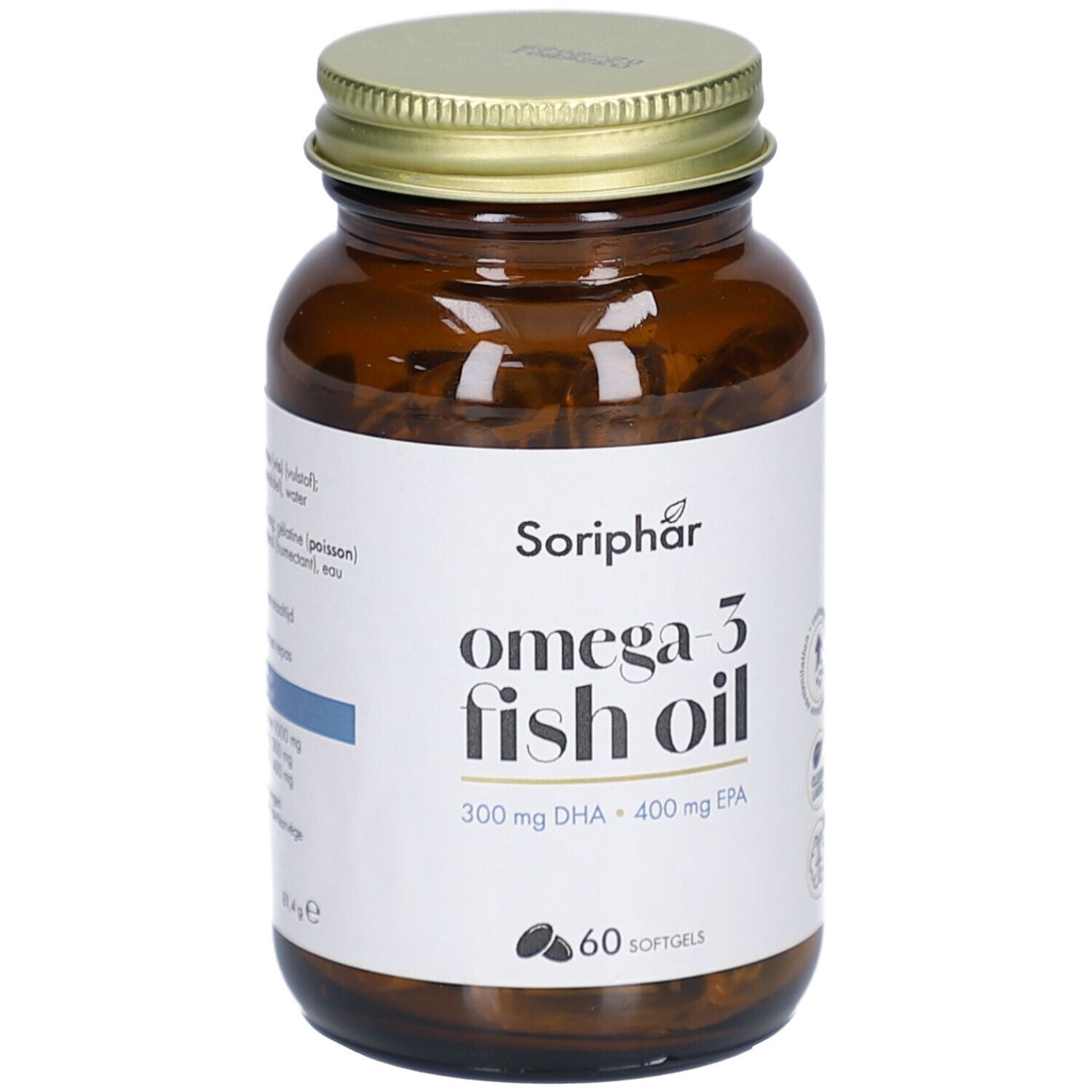 Braune Glasflasche mit goldfarbenem Deckel. Etikett mit "Soriphar omega-3 fish oil". 60 Softgels.