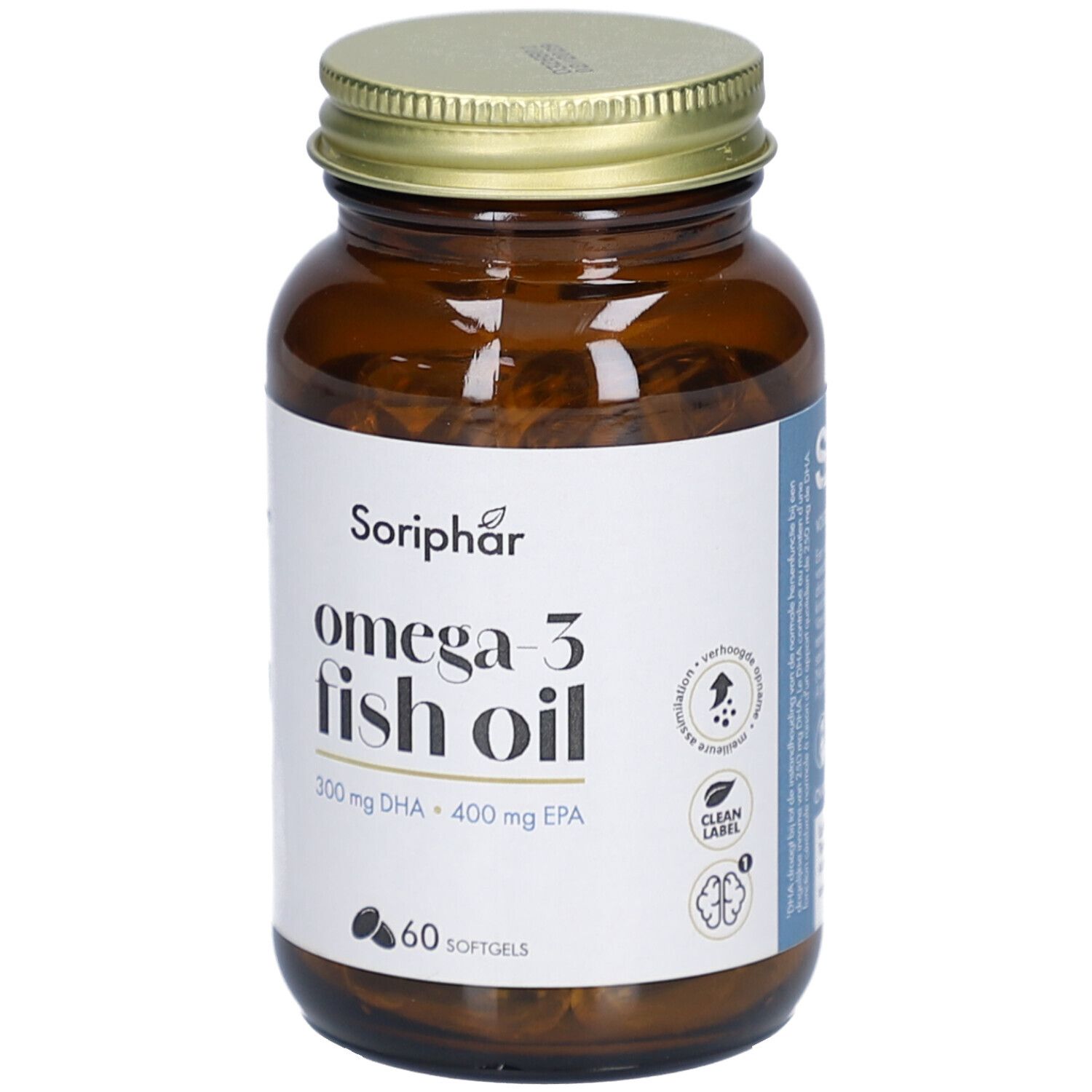 Braune Glasflasche mit goldfarbenem Deckel. Etikett mit "Soriphar omega-3 fish oil". 60 Softgels.